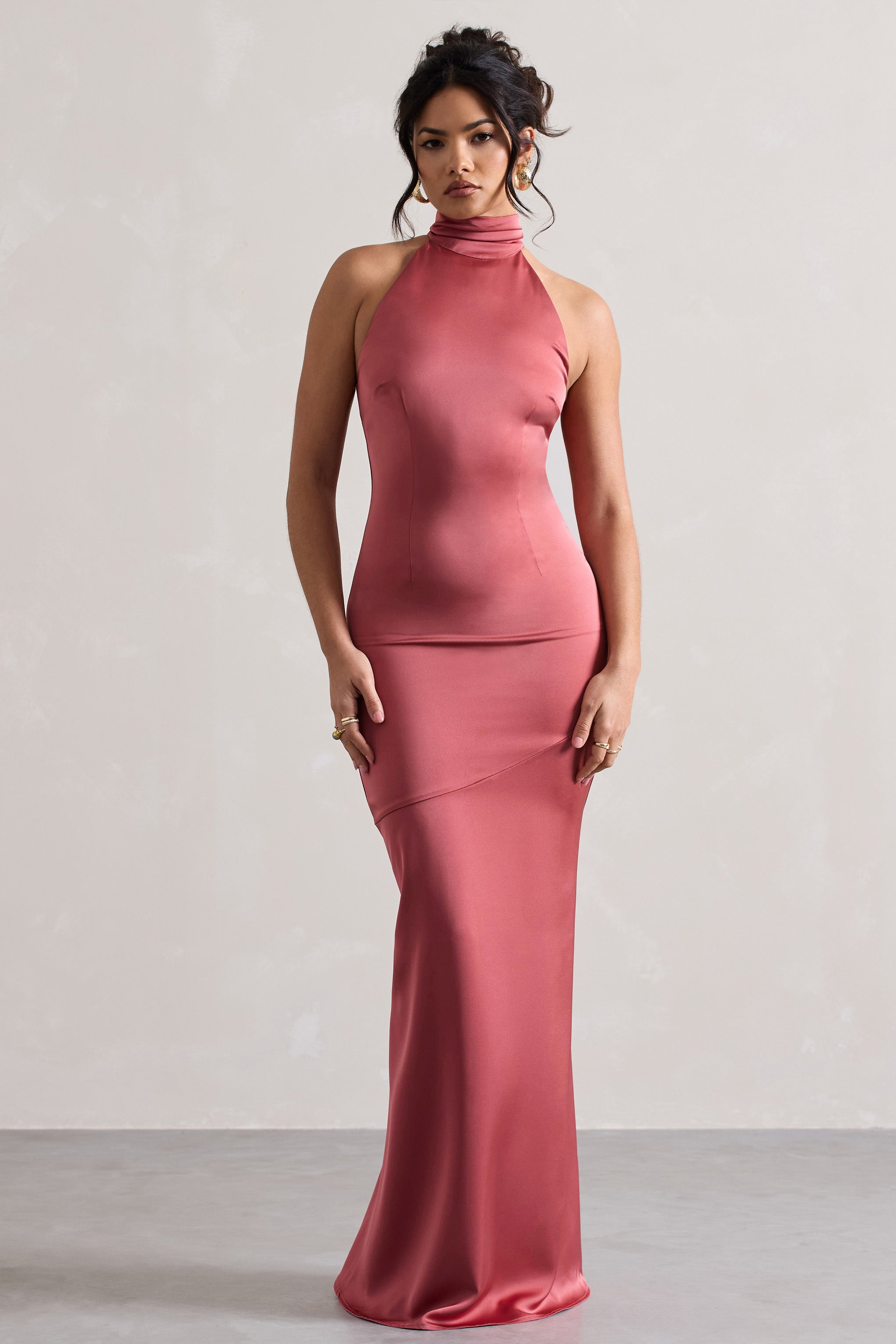 Adoria Vintage Berry Satin High-Neck Maxi Dress – Club L London - USA