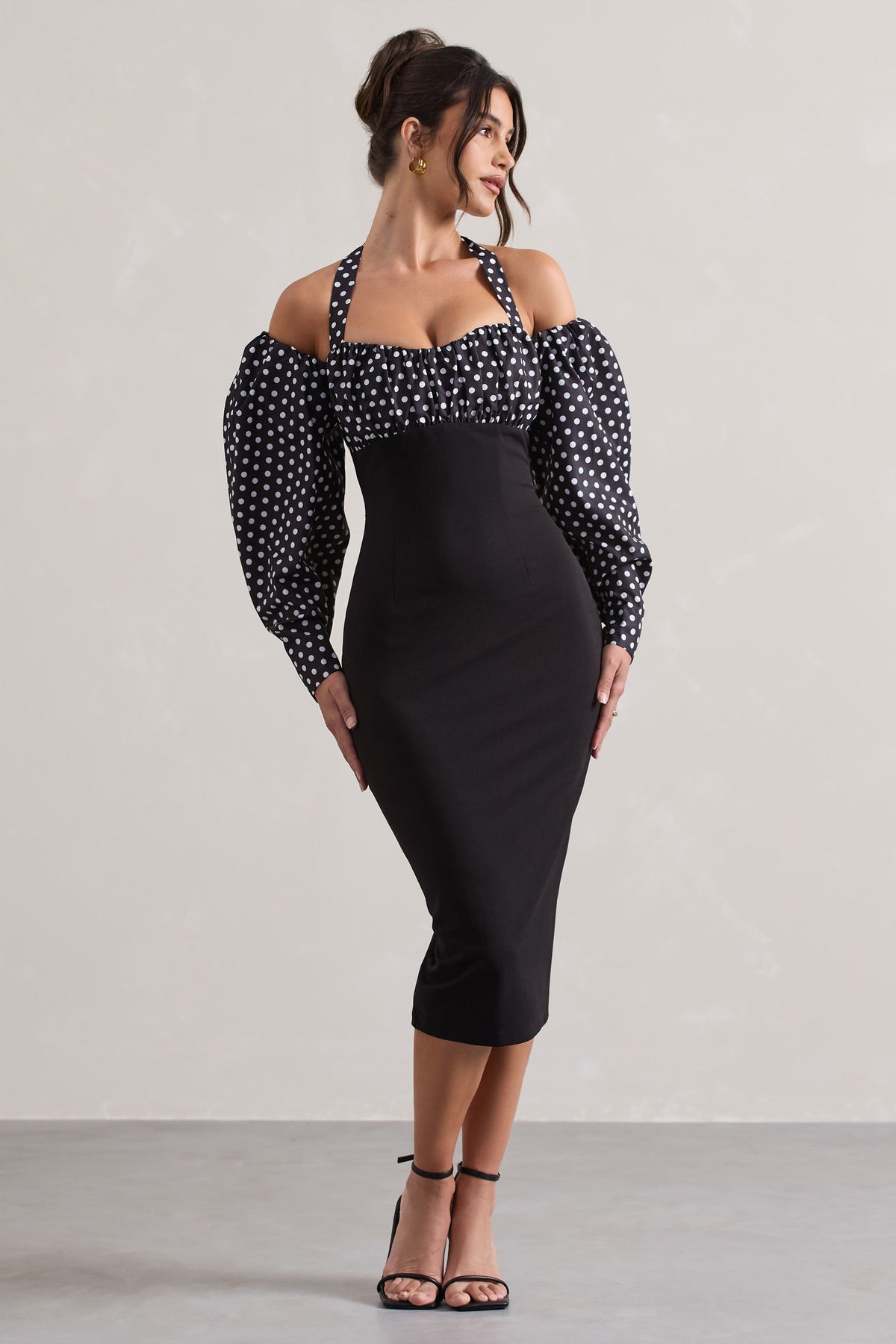 Couture Client | Black & White Polka Dot Halter-Neck Puff Sleeve Midi Dress