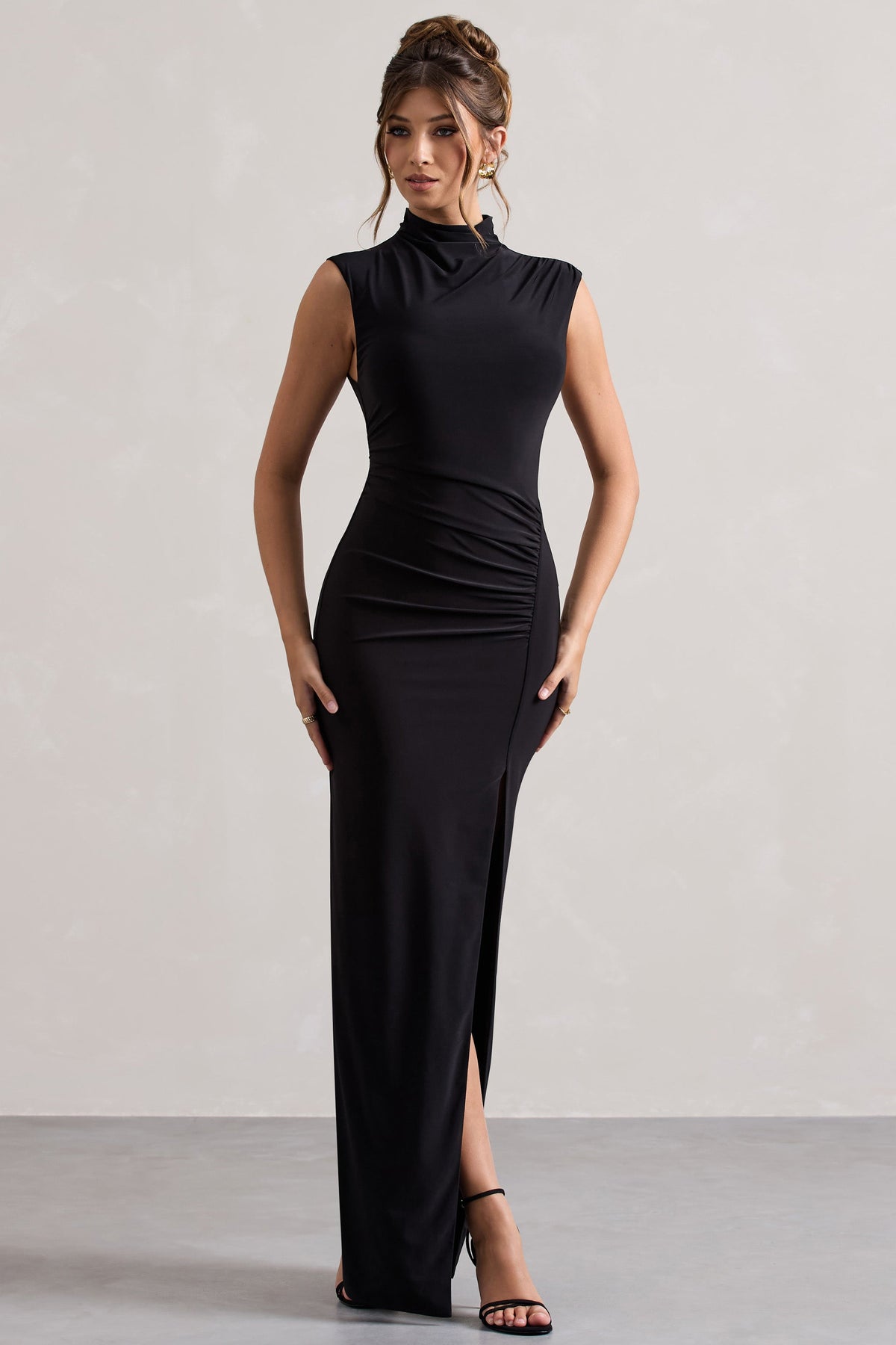 Lanetta | Black Ruched High-Neck Maxi Dress With Split