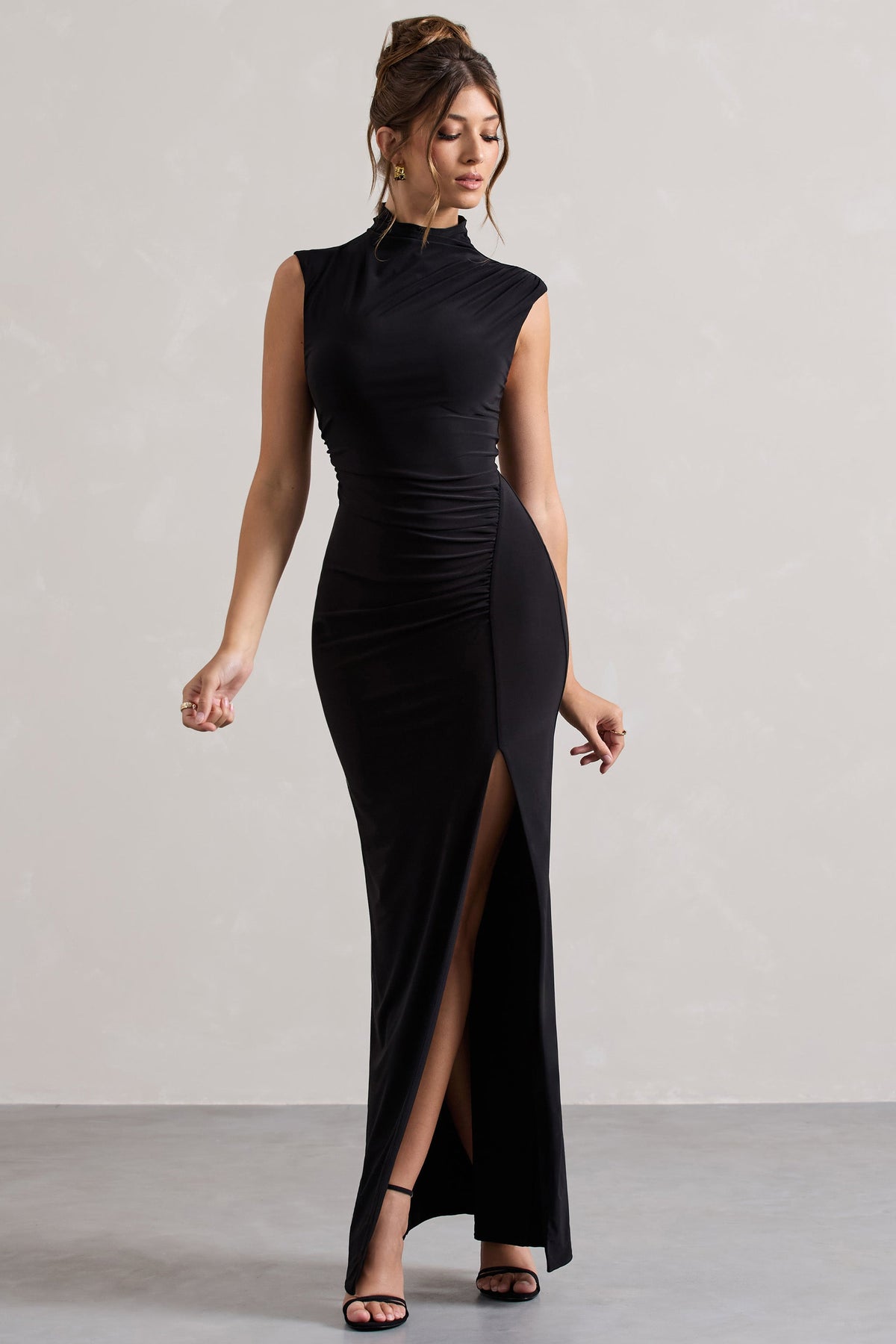 Lanetta | Black Ruched High-Neck Maxi Dress With Split