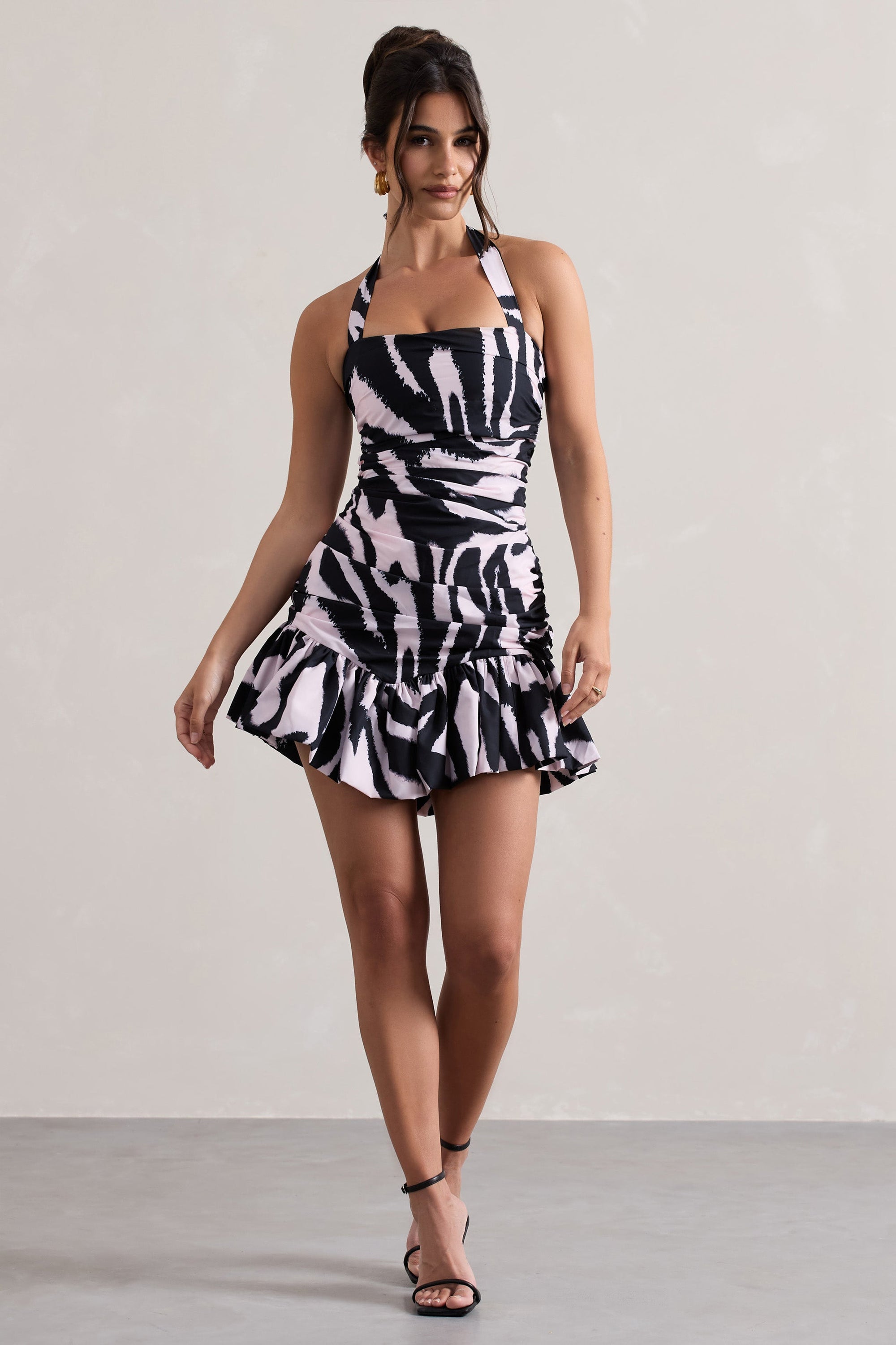 Zahra | Zebra Print Halter-Neck Ruched Mini Dress With Ruffle Hem - Club L London - USA