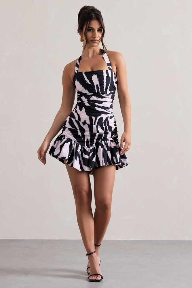 Zahra Zebra Print Halter-Neck Ruched Mini Dress With Ruffle Hem – Club ...