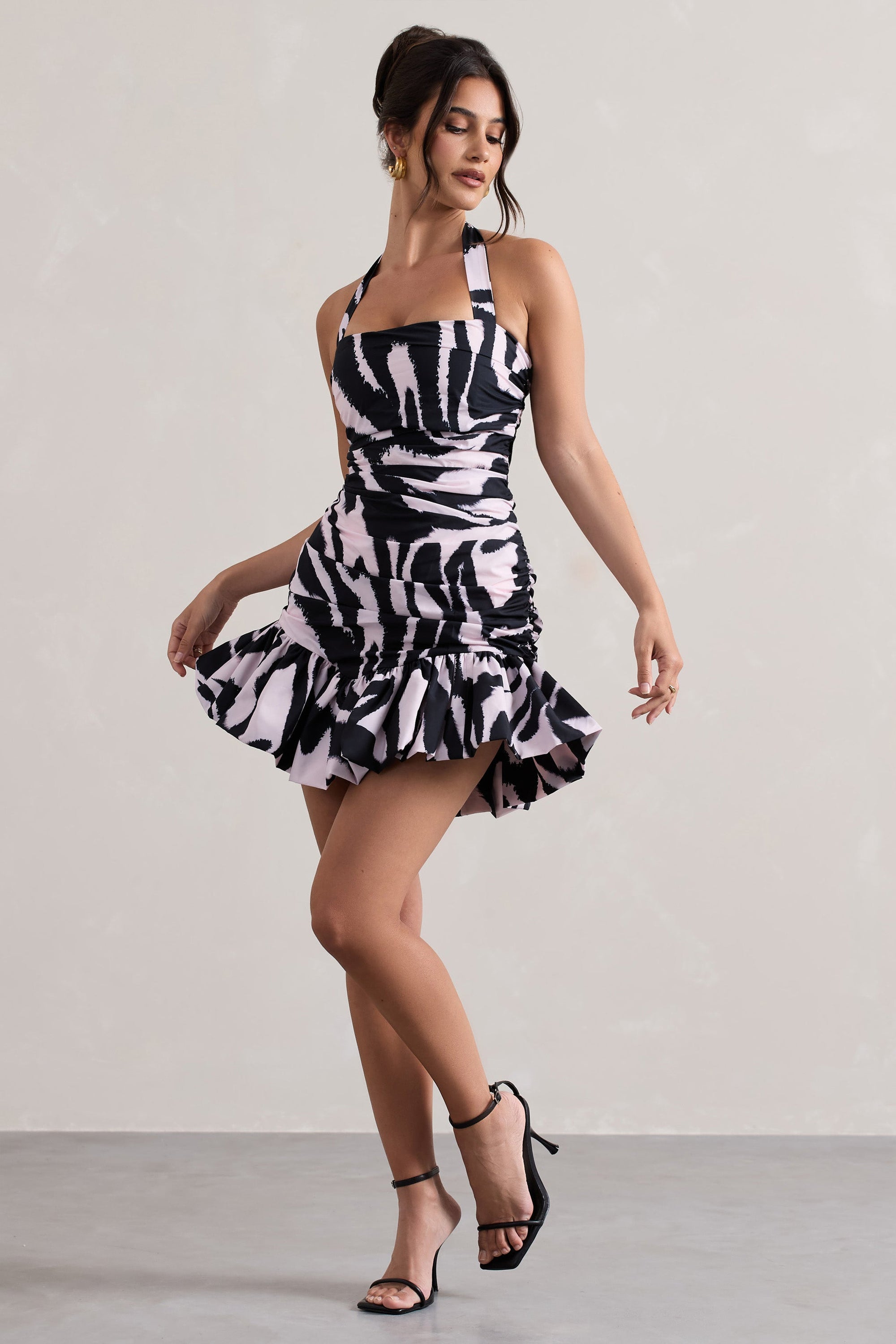 Zahra | Zebra Print Halter-Neck Ruched Mini Dress With Ruffle Hem - Club L London - USA