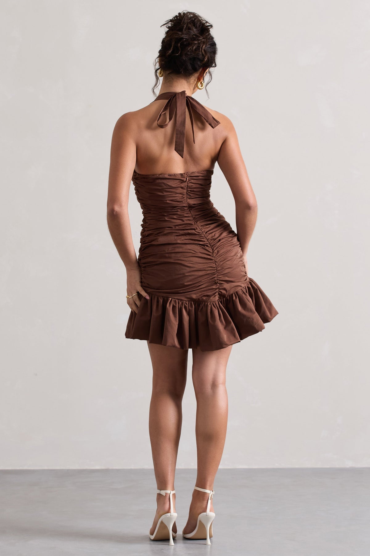 Zahra Chocolate Brown Halter-Neck Ruched Mini Dress With Ruffle Hem Club L London - USA Zahra Chocolate Brown Halter-Neck Ruched Mini Dress With Ruffle Hem Club L London - USA