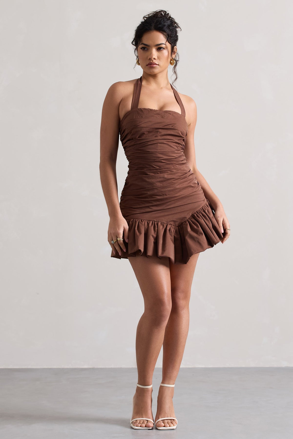 Zahra Chocolate Brown Halter-Neck Ruched Mini Dress With Ruffle Hem Club L London - USA Zahra Chocolate Brown Halter-Neck Ruched Mini Dress With Ruffle Hem Club L London - USA
