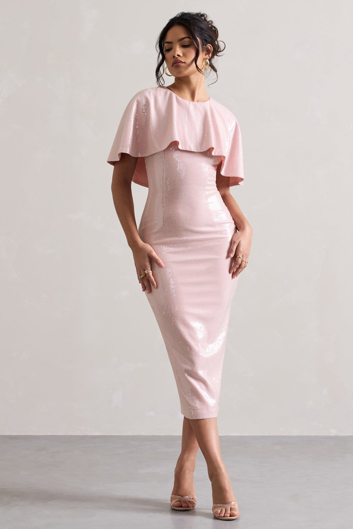 Amelie Pastel Pink Sequin Midi Dress With Cape – Club L London - USA