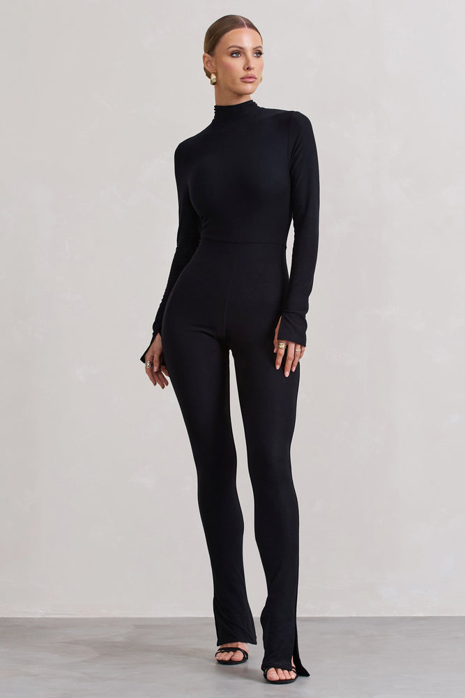 Elevated Black High Neck Slim Leg Jumpsuit With Long Sleeves Club L London USA