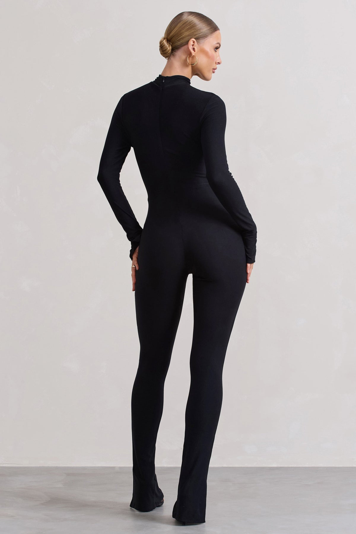 Elevated Black High-Neck Slim-Leg Jumpsuit With Long Sleeves 