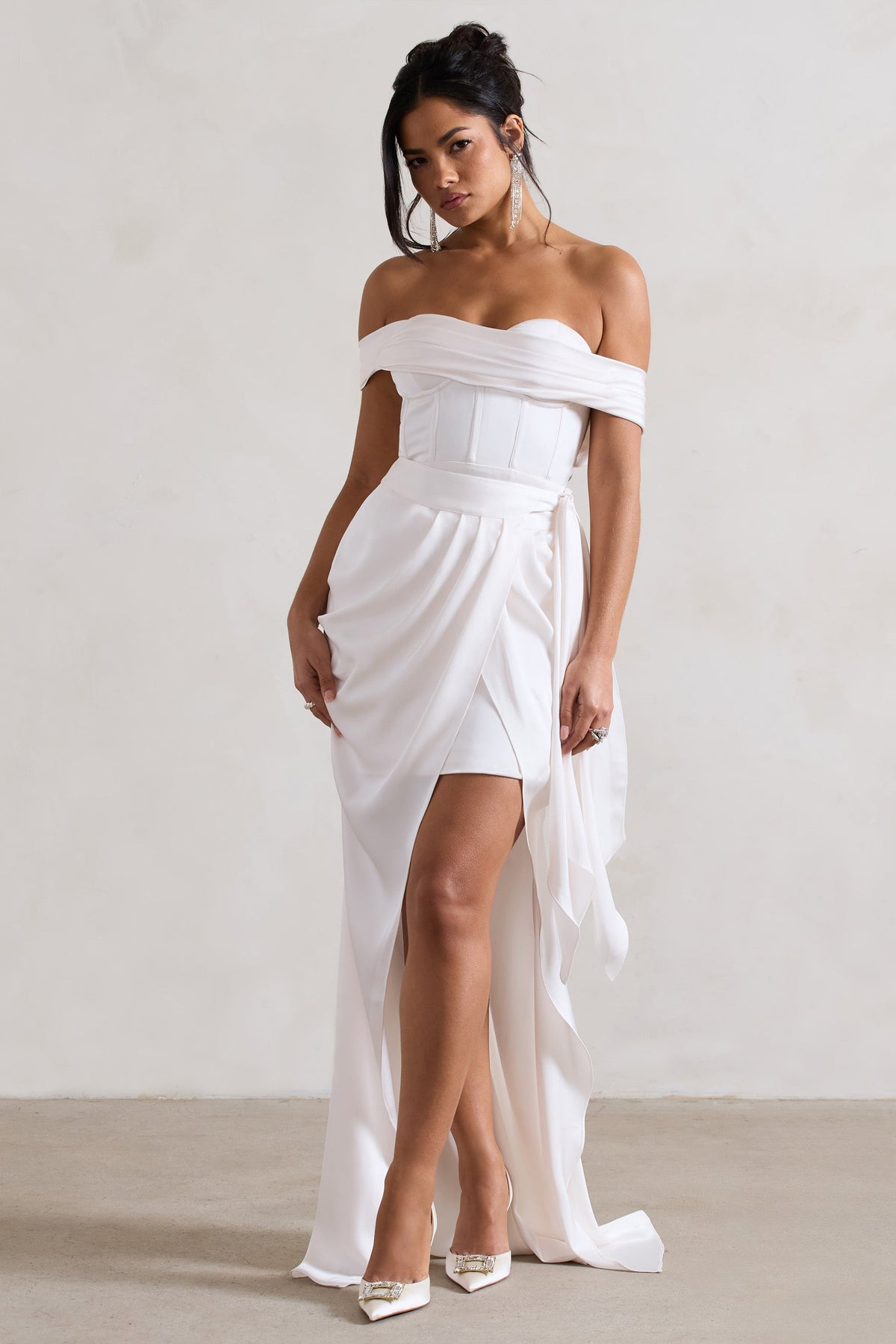 Milano | Cream Satin Bardot Maxi Dress With Detachable Skirt - UK 6 Cream Milano | Cream Satin Bardot Maxi Dress With Detachable Skirt - UK 6 Cream