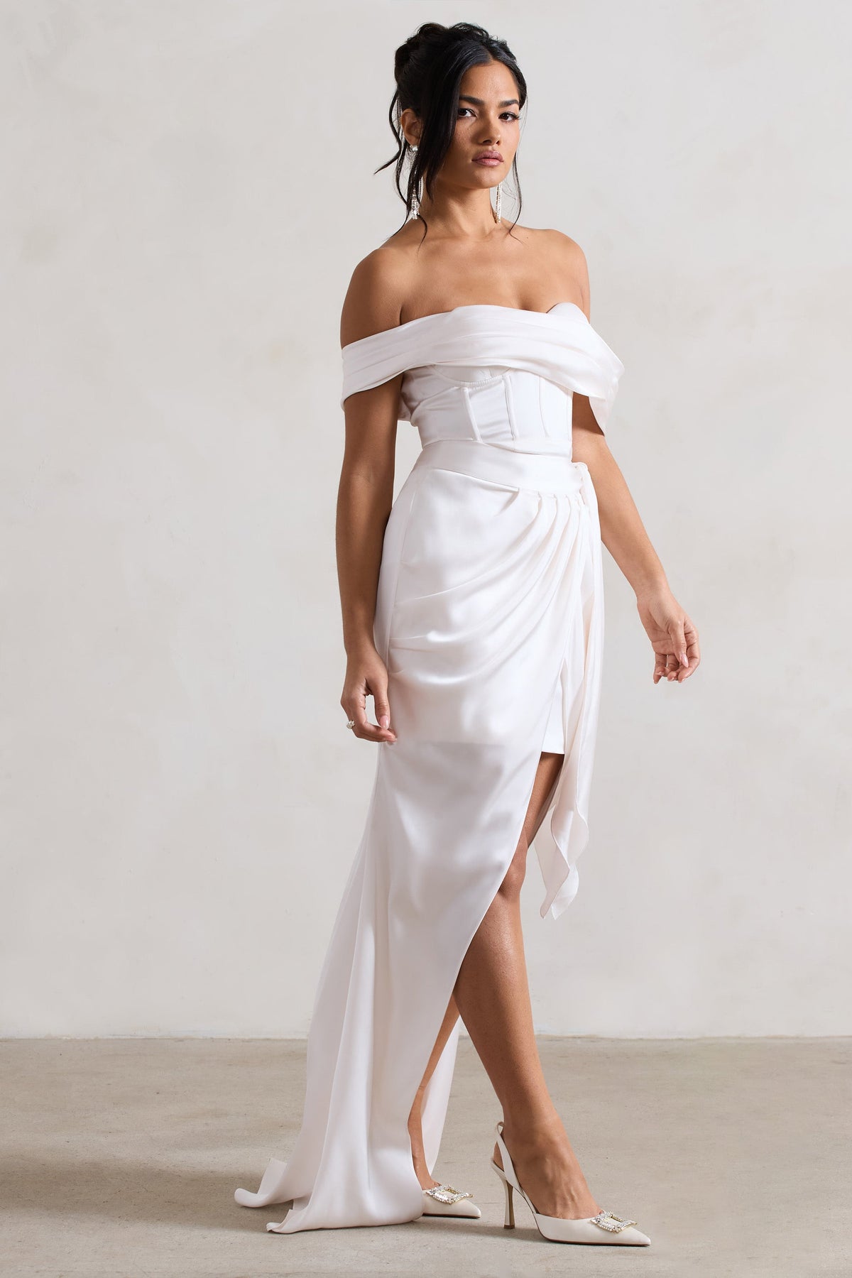 Milano Cream Satin Bardot Maxi Dress With Detachable Skirt Club L London - USA Milano Cream Satin Bardot Maxi Dress With Detachable Skirt Club L London - USA