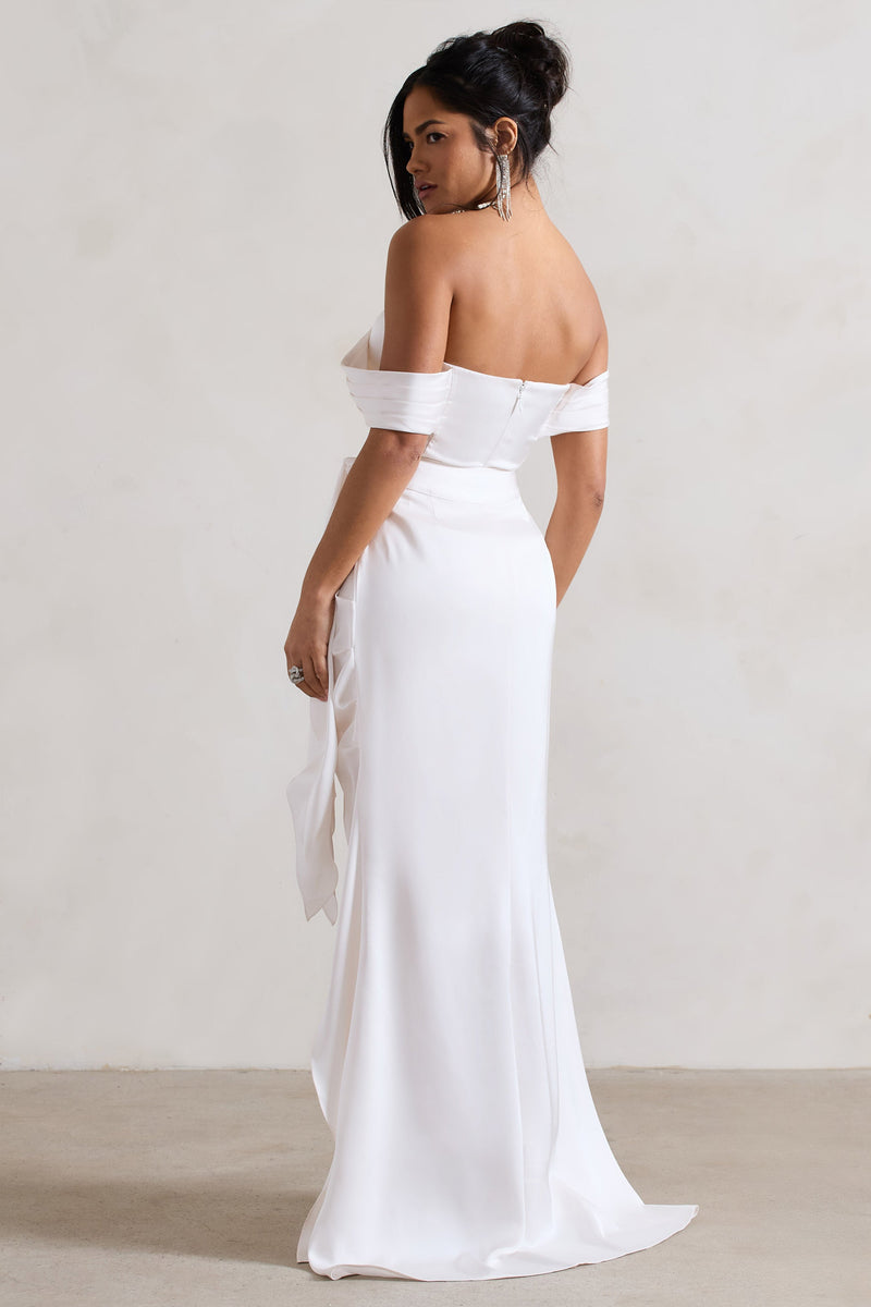 Annie | Bottle Green Satin Bardot Maxi Dress With Split Wrap Skirt