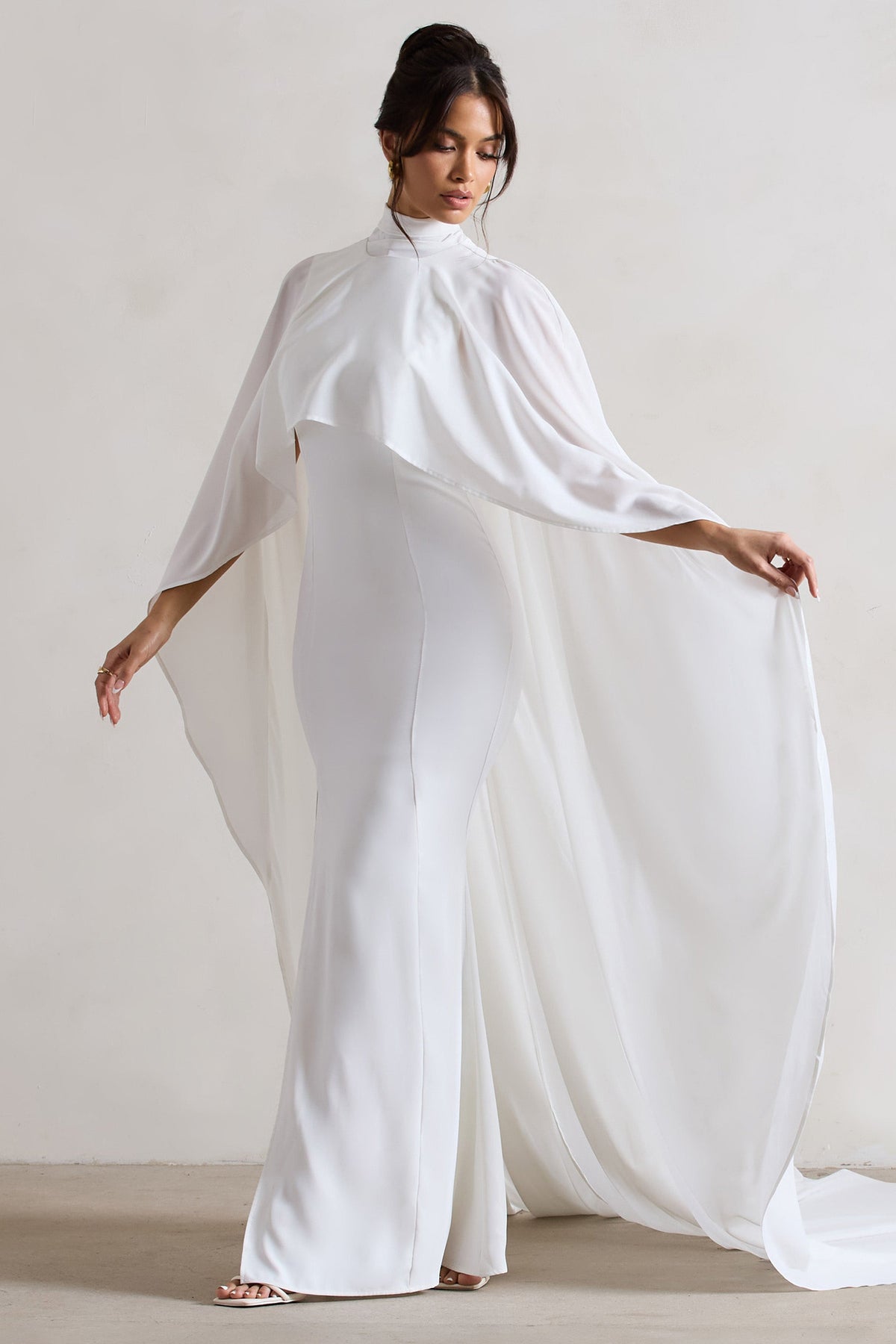 Saint Cream Fishtail Split Maxi Dress With Chiffon Cape – Club L London ...