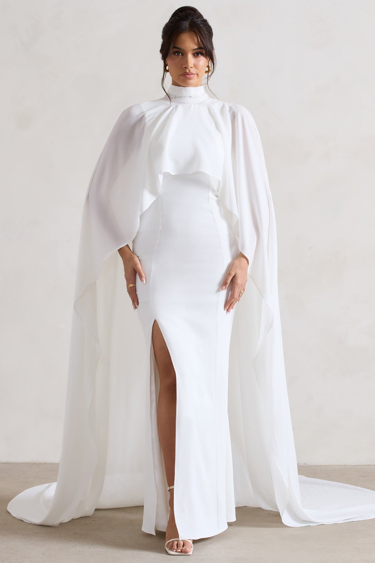 Saint Cream Fishtail Split Maxi Dress With Chiffon Cape – Club L London ...