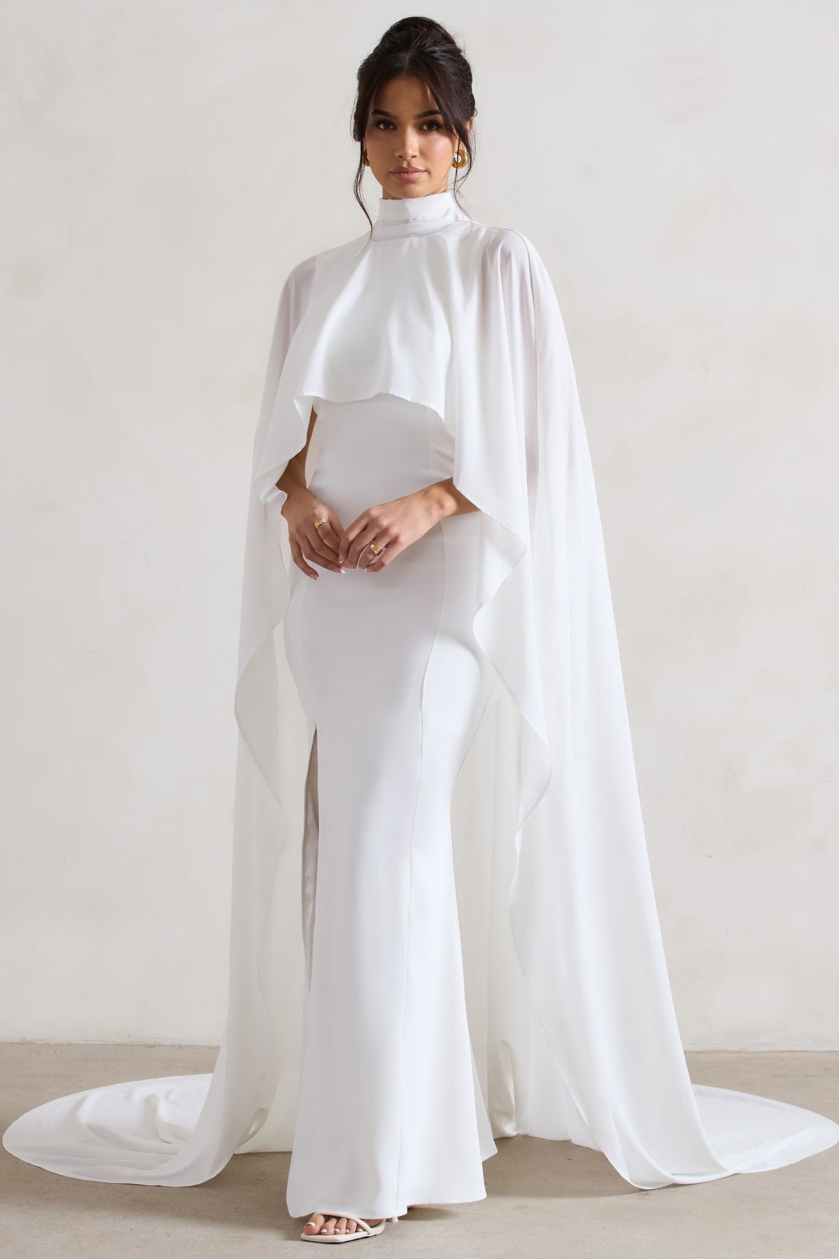 Saint Cream Fishtail Split Maxi Dress With Chiffon Cape – Club L London ...