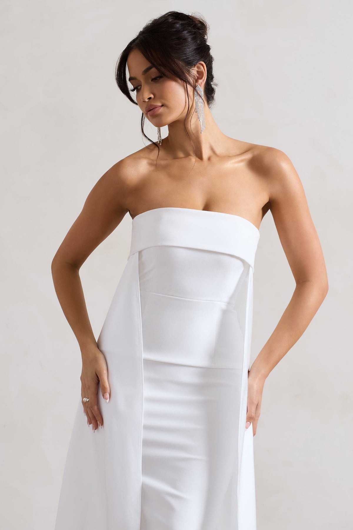 Save The Date Cream Bandeau Midi Dress With Train Club L London - USA Save The Date Cream Bandeau Midi Dress With Train Club L London - USA