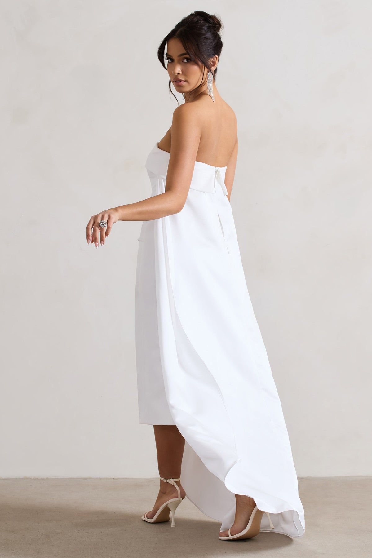 Save The Date Cream Bandeau Midi Dress With Train Club L London - USA Save The Date Cream Bandeau Midi Dress With Train Club L London - USA