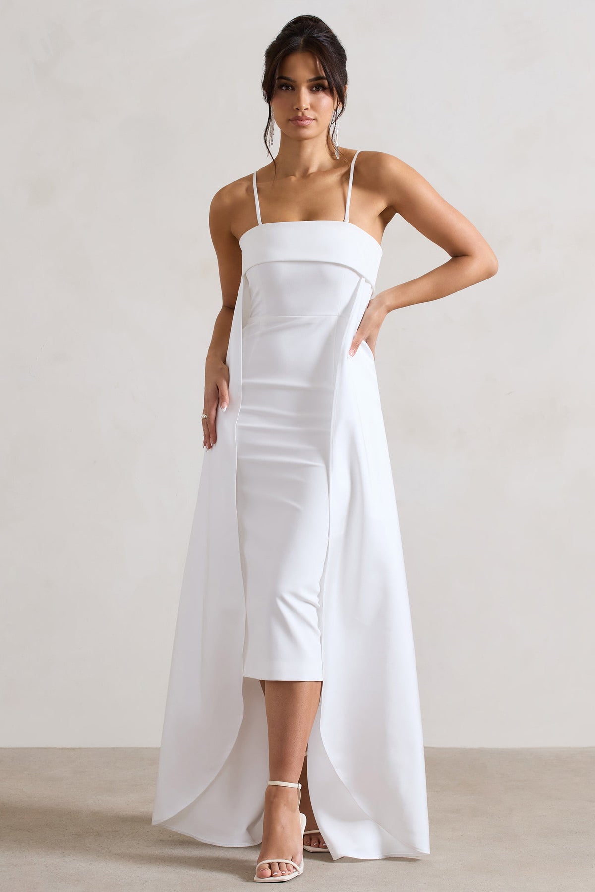 Save The Date Cream Bandeau Midi Dress With Train Club L London - USA Save The Date Cream Bandeau Midi Dress With Train Club L London - USA