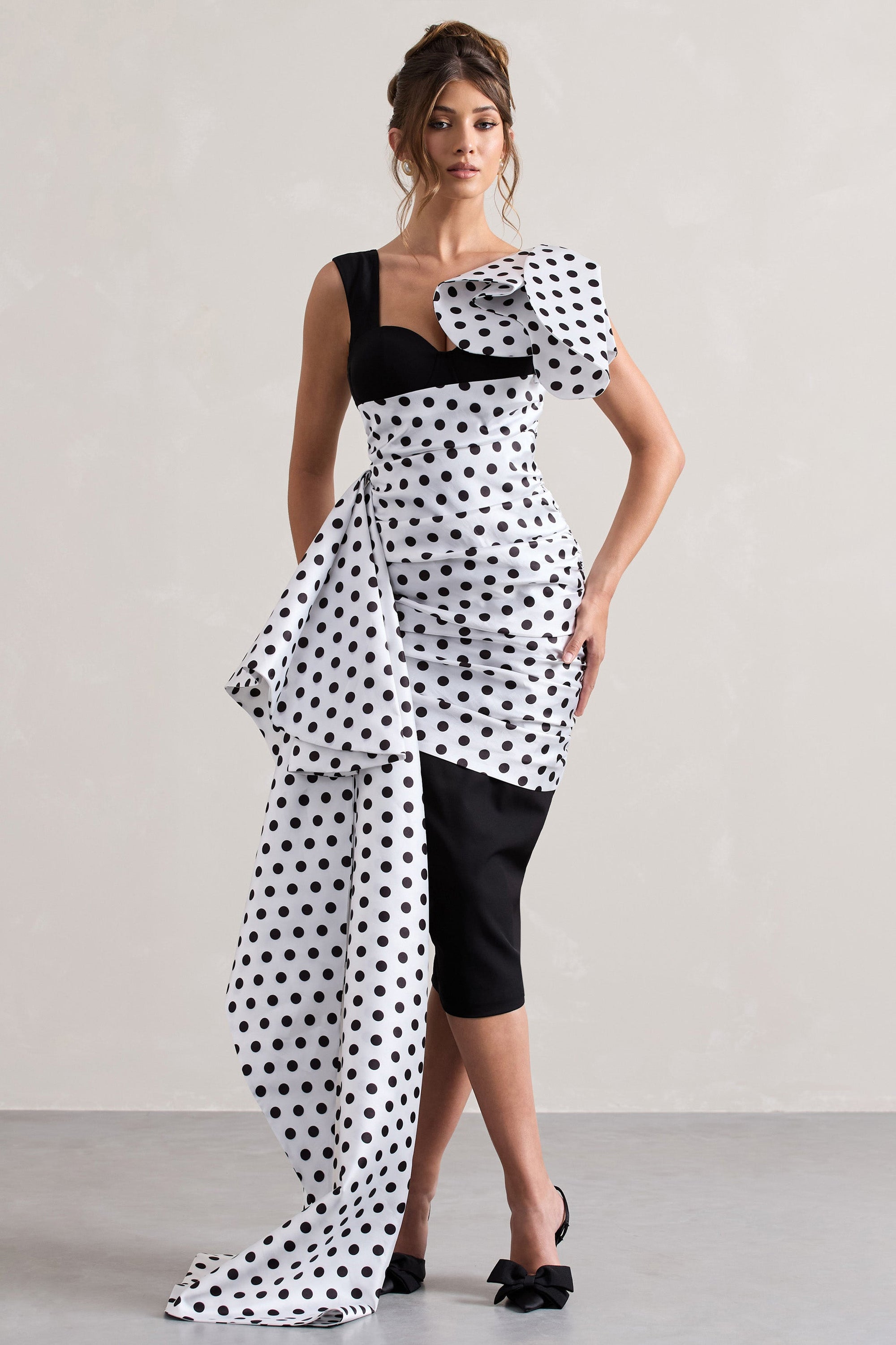 Unattainable | Black Polka Dot Wrap Midi Dress Volume Drape - Club L London - USA