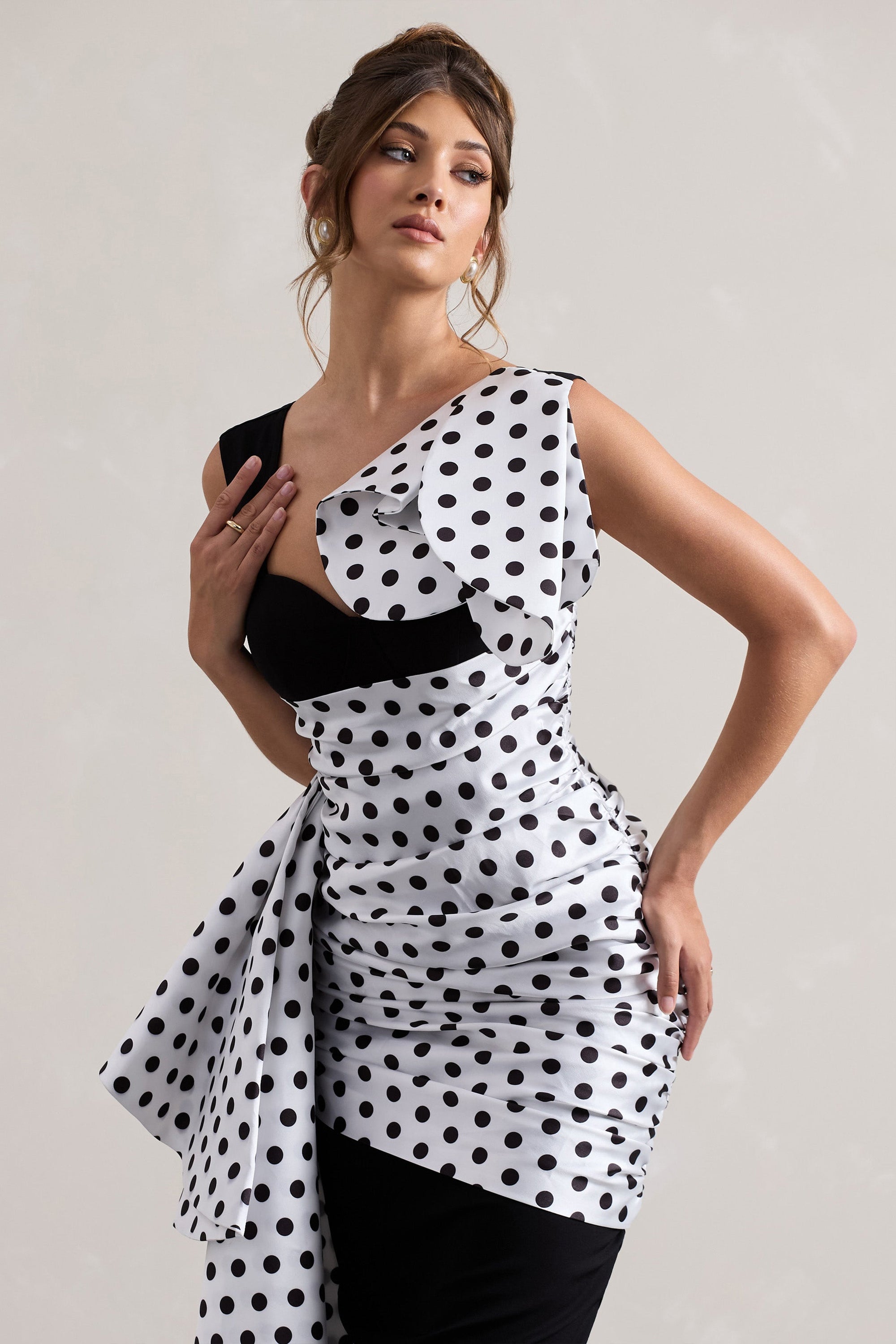 Unattainable | Black Polka Dot Wrap Midi Dress Volume Drape - Club L London - USA