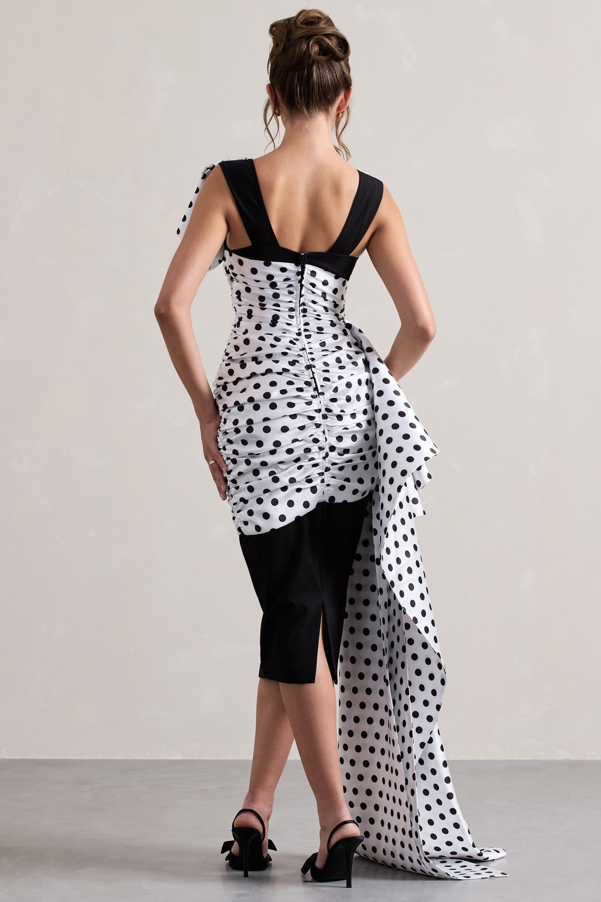 Unattainable | Black Polka Dot Wrap Midi Dress Volume Drape - Club L London - USA