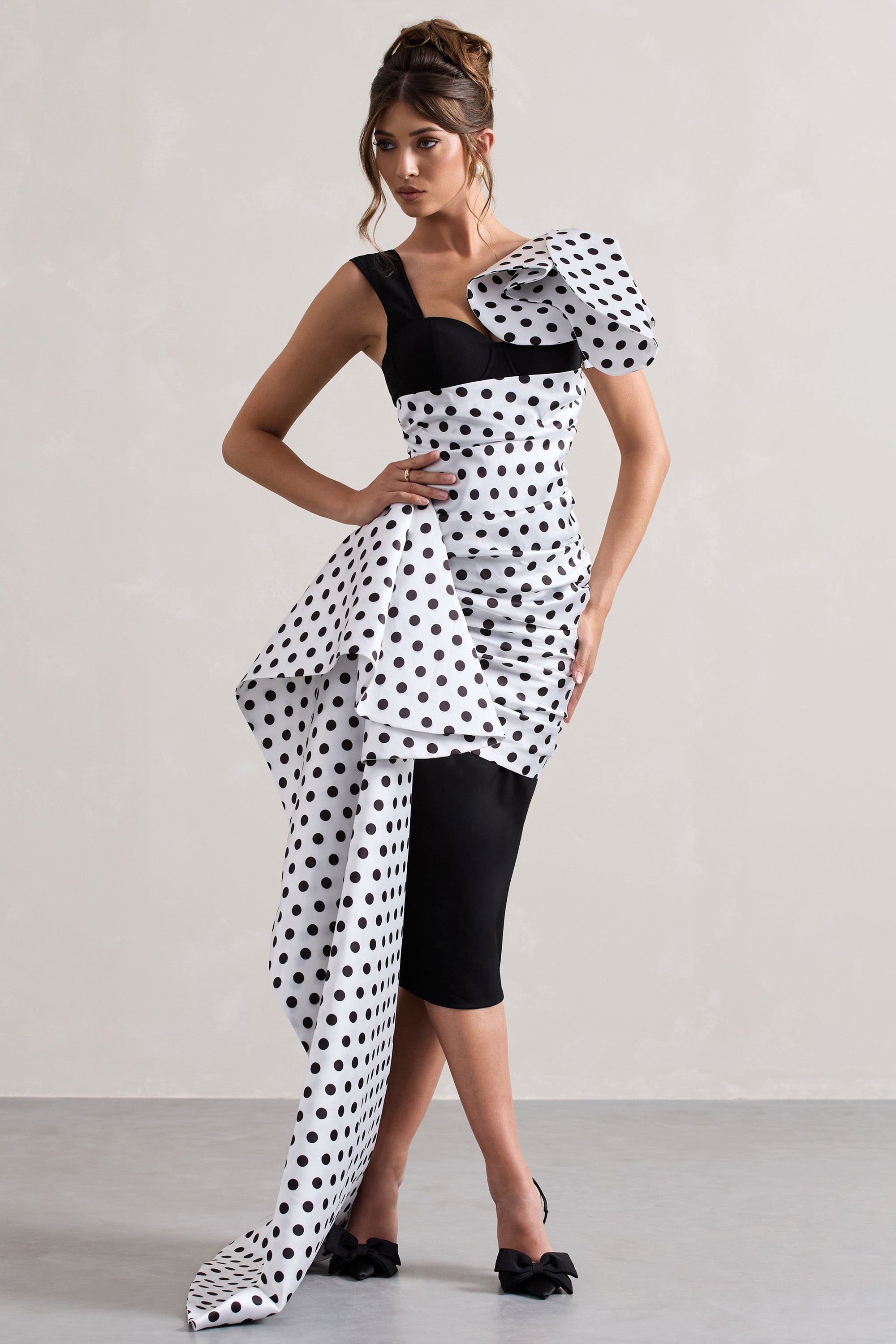 Unattainable | Black Polka Dot Wrap Midi Dress Volume Drape - Club L London - USA
