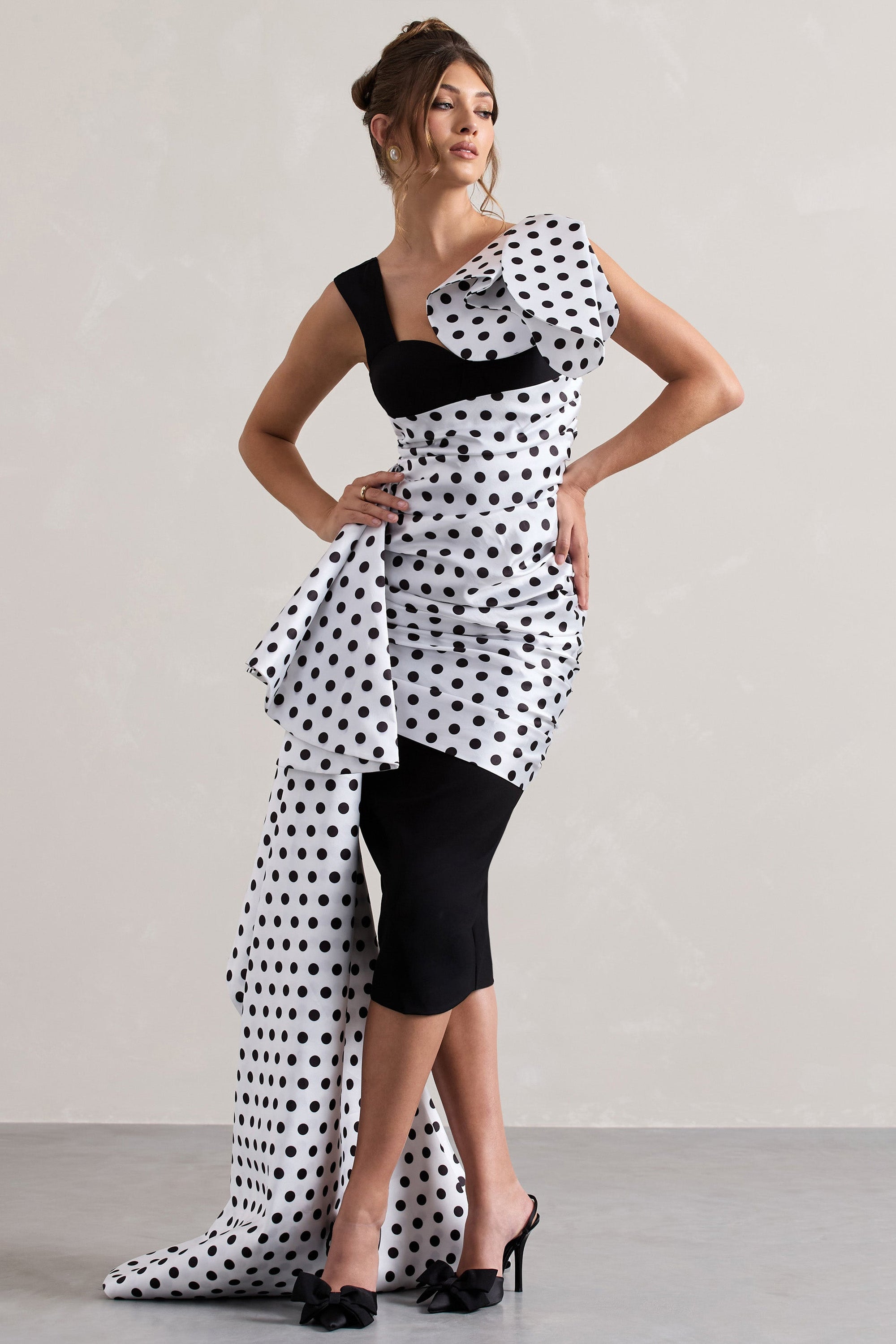 Unattainable | Black Polka Dot Wrap Midi Dress Volume Drape - Club L London - USA