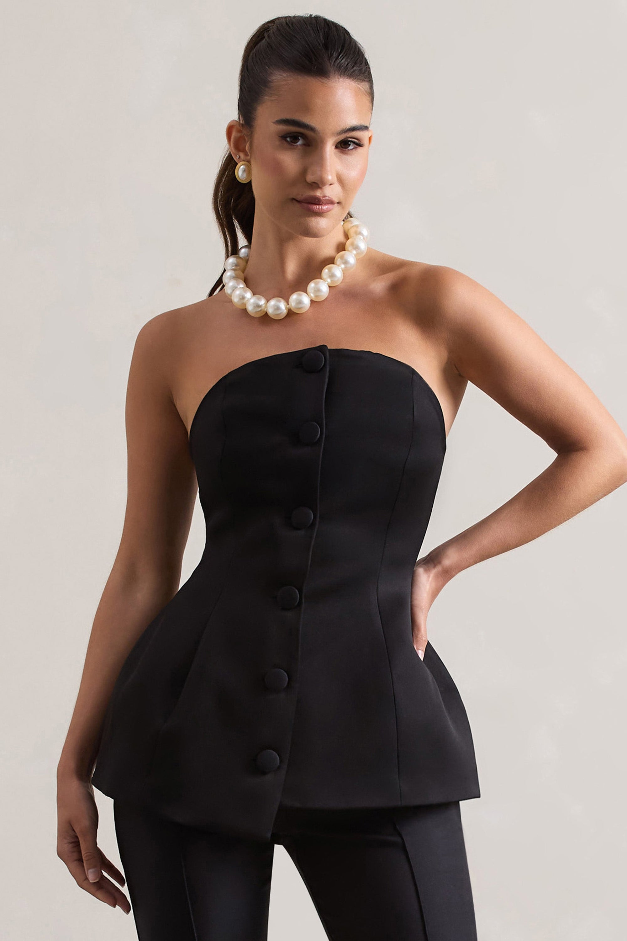 Century | Black Satin Strapless Button Front Corset Top - Club L London - USA