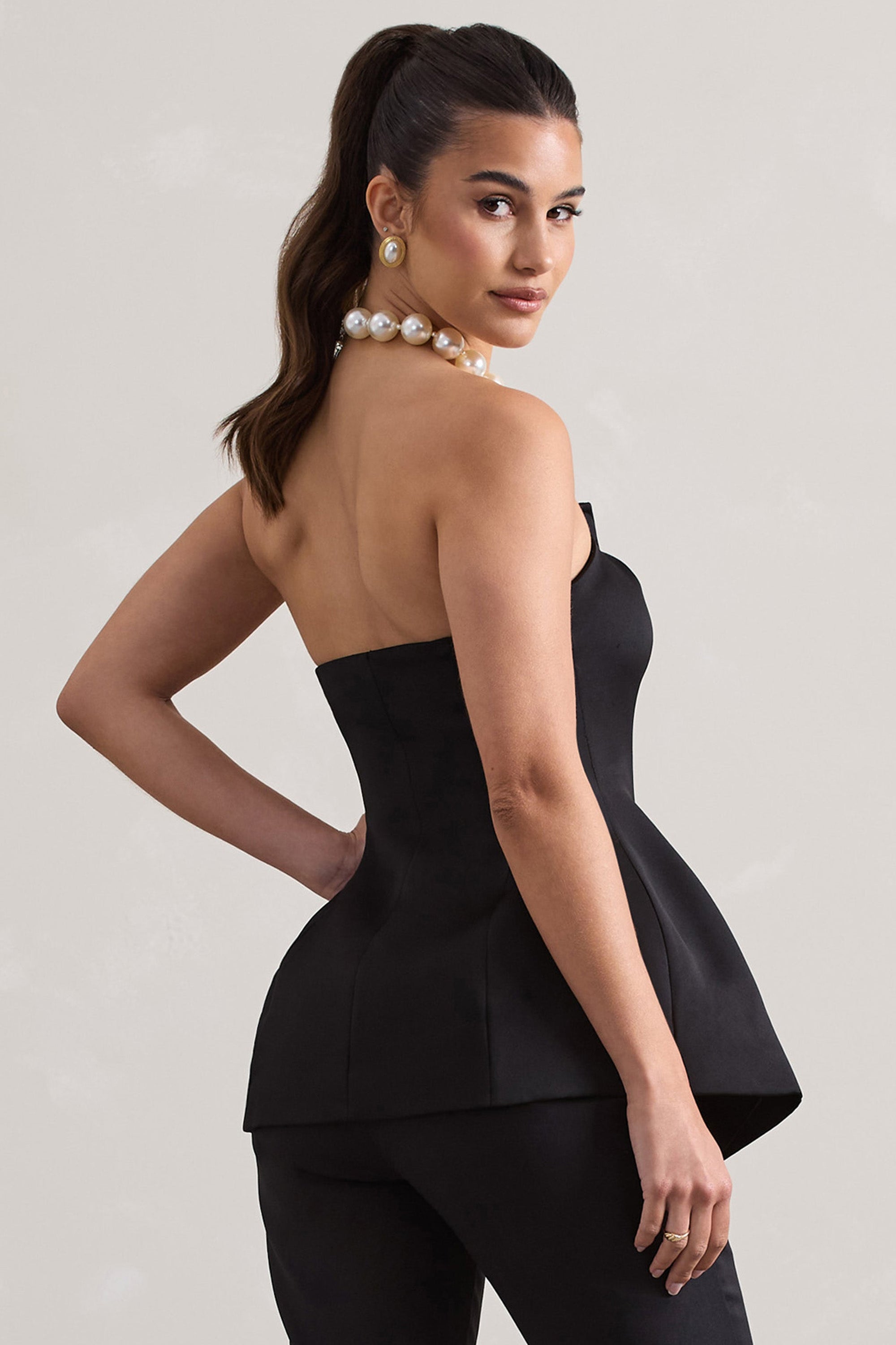 Century | Black Satin Strapless Button Front Corset Top - Club L London - USA