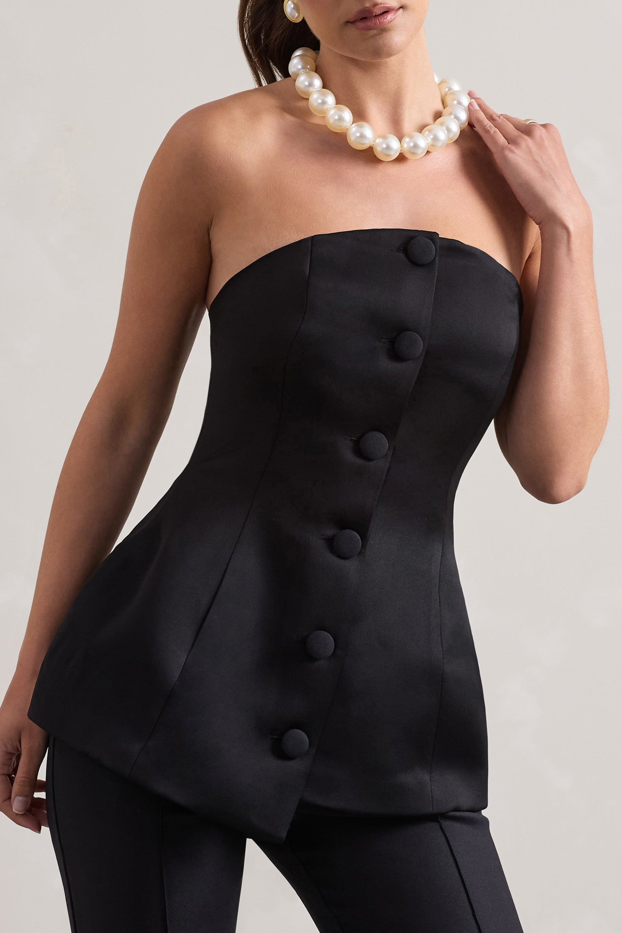 Century | Black Satin Strapless Button Front Corset Top - Club L London - USA