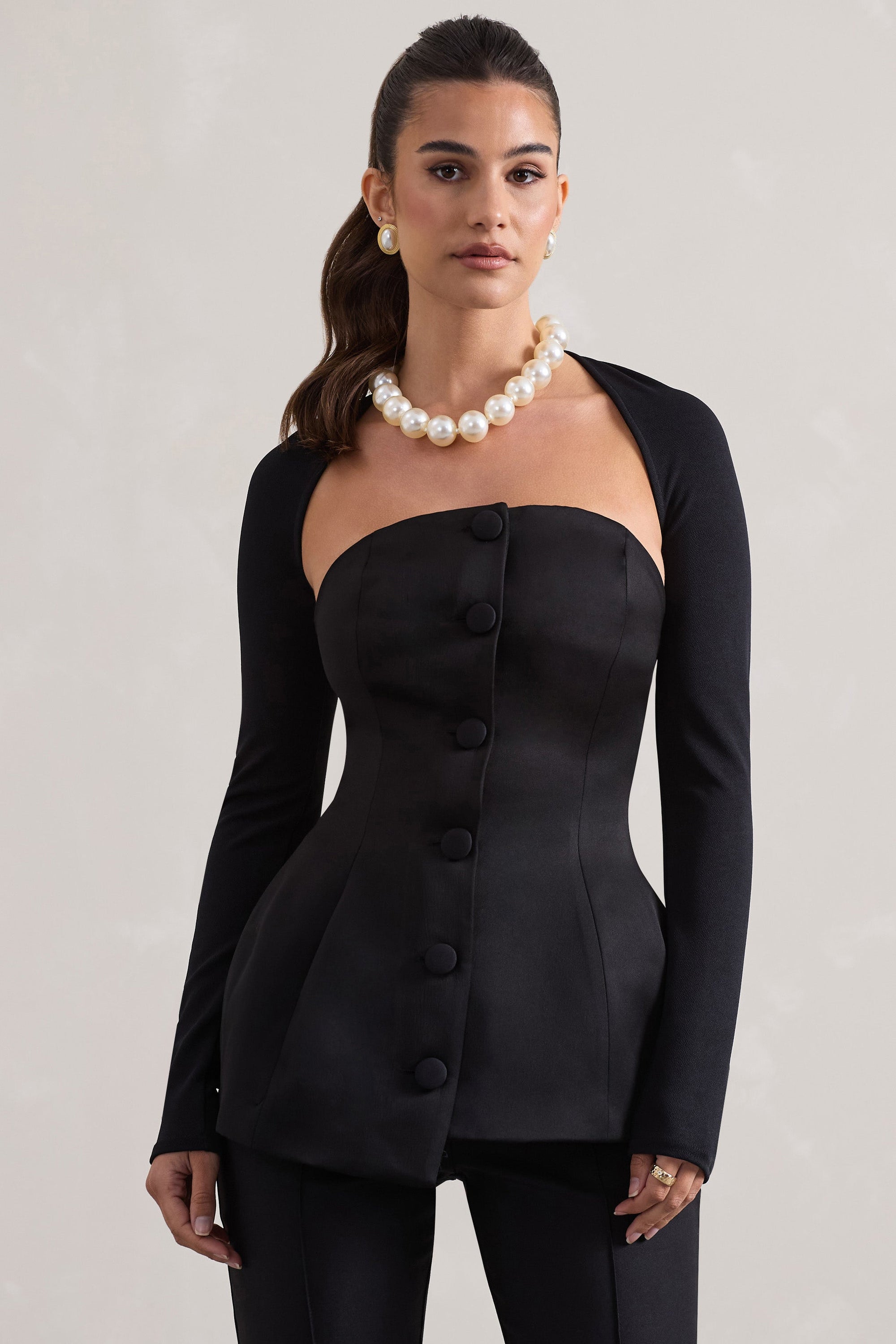 Century | Black Satin Strapless Button Front Corset Top - Club L London - USA