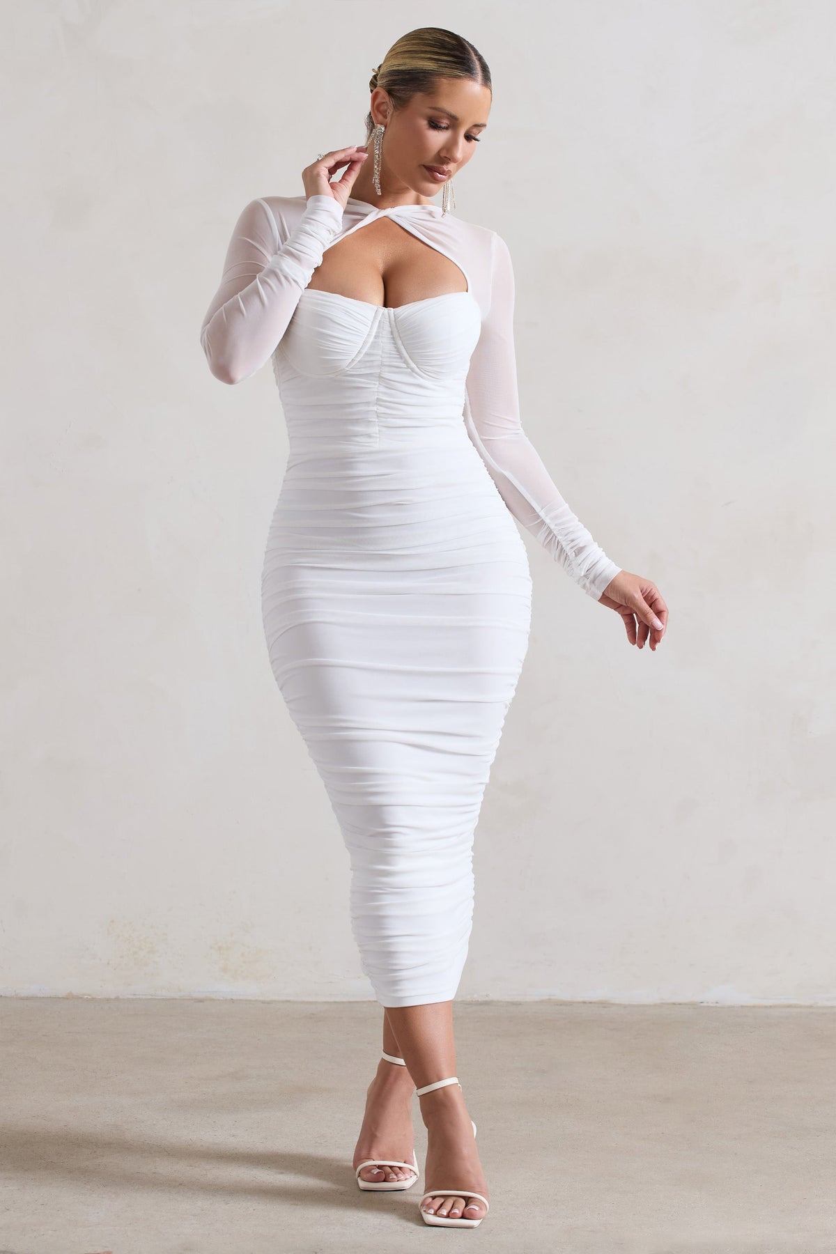 Mojito | White Ruched Cut-Out Long-Sleeve Midi Dress