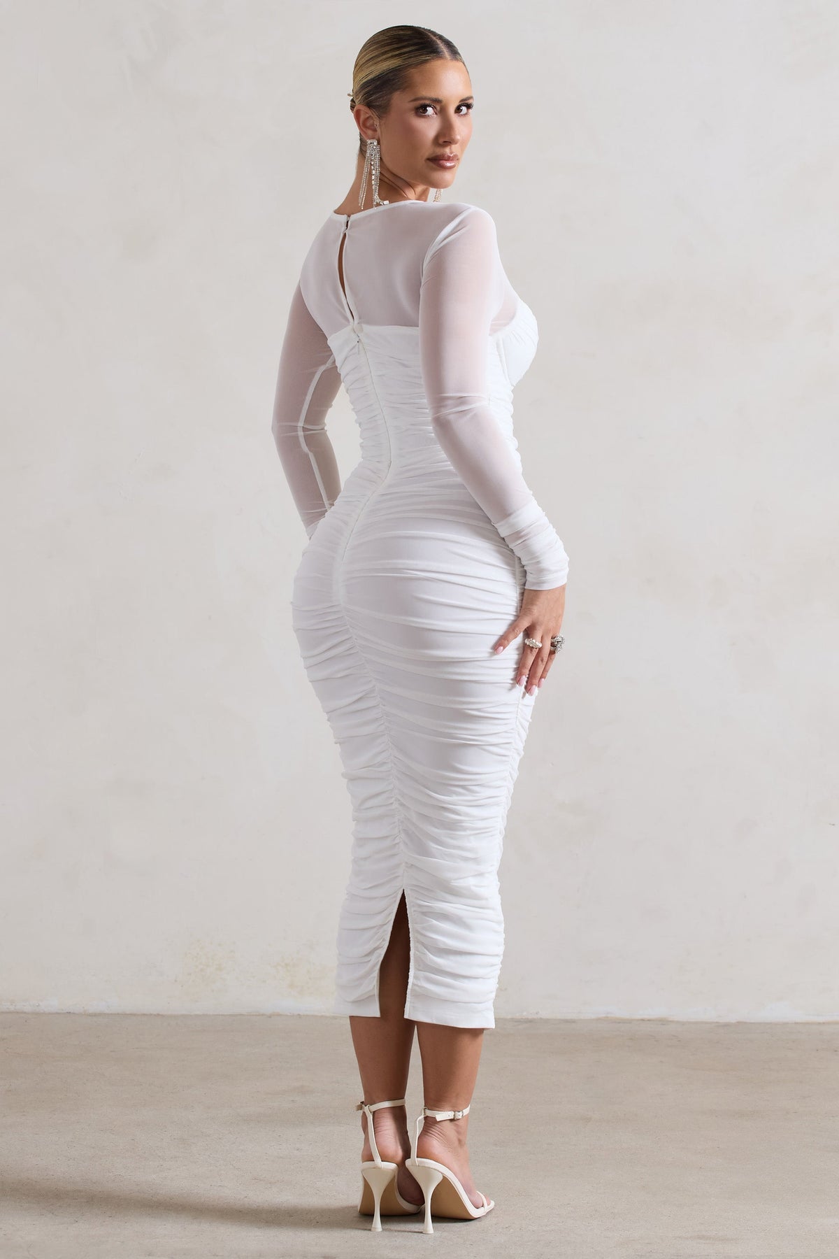 Mojito | White Ruched Cut-Out Long-Sleeve Midi Dress