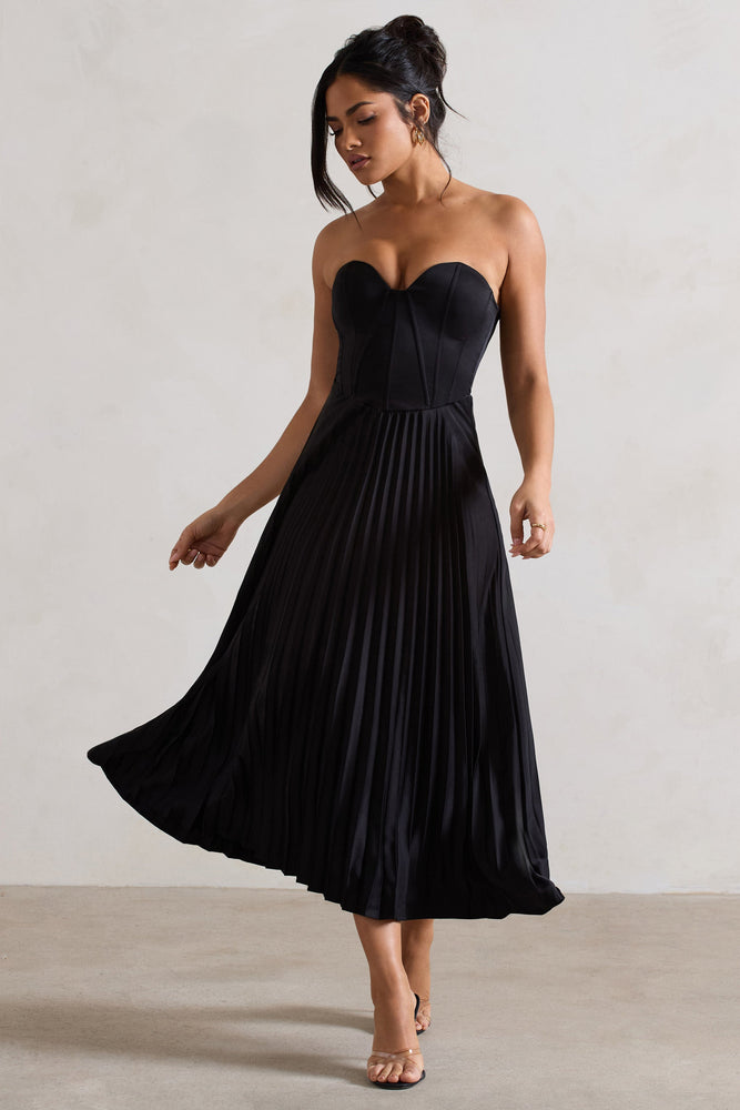 Bordeaux | Black Satin Corset Style Midi Dress Bordeaux | Black Satin Corset Style Midi Dress