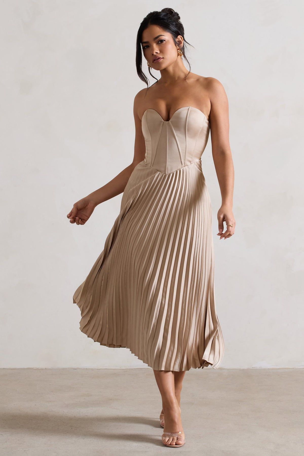 Bordeaux Champagne Satin Corset Style Midi Dress UK 6 Champagne