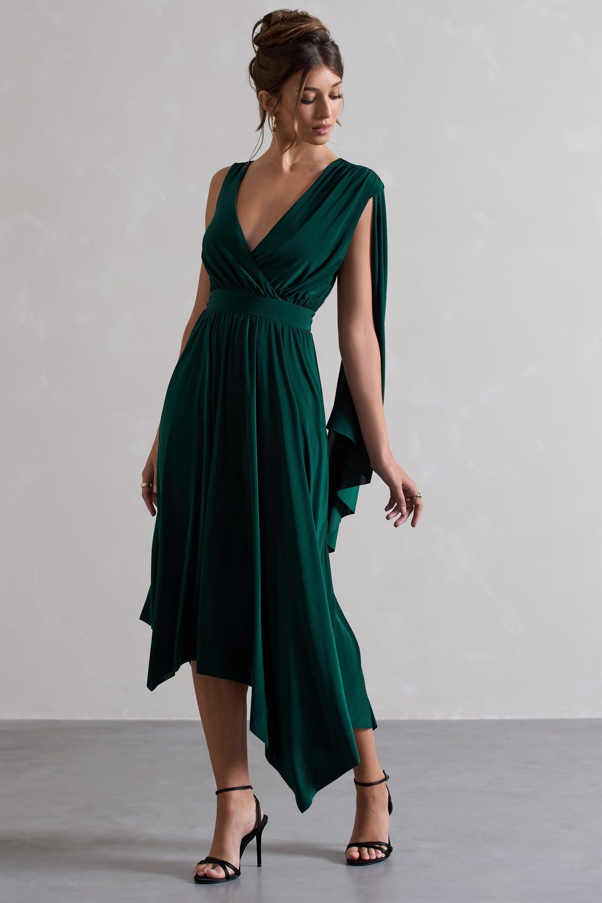 Fable | Bottle Green Plunge-Neck Maxi Dress With Cape Sleeve