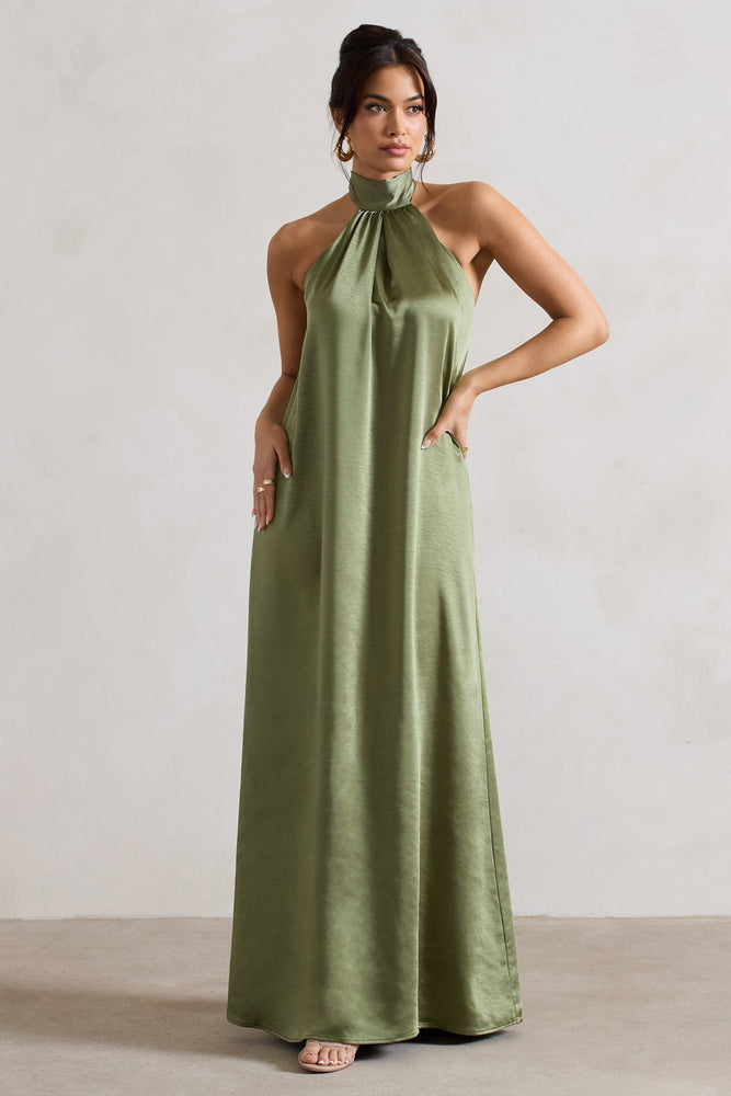 Gloriana | Olive Green Satin High-Neck Maxi Dress