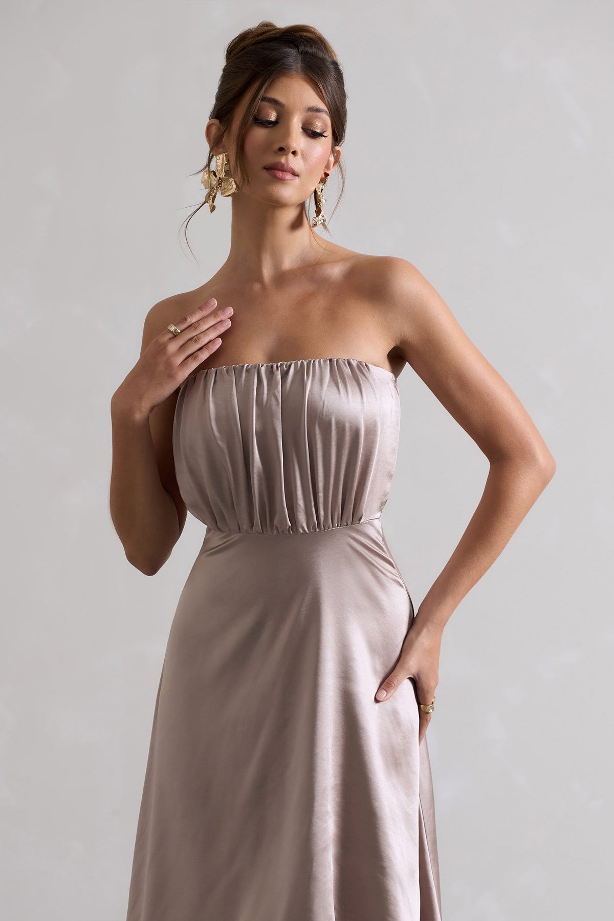 Willa Taupe Satin Bandeau Maxi Dress With Asymmetric Hem Club L London - USA Willa Taupe Satin Bandeau Maxi Dress With Asymmetric Hem Club L London - USA