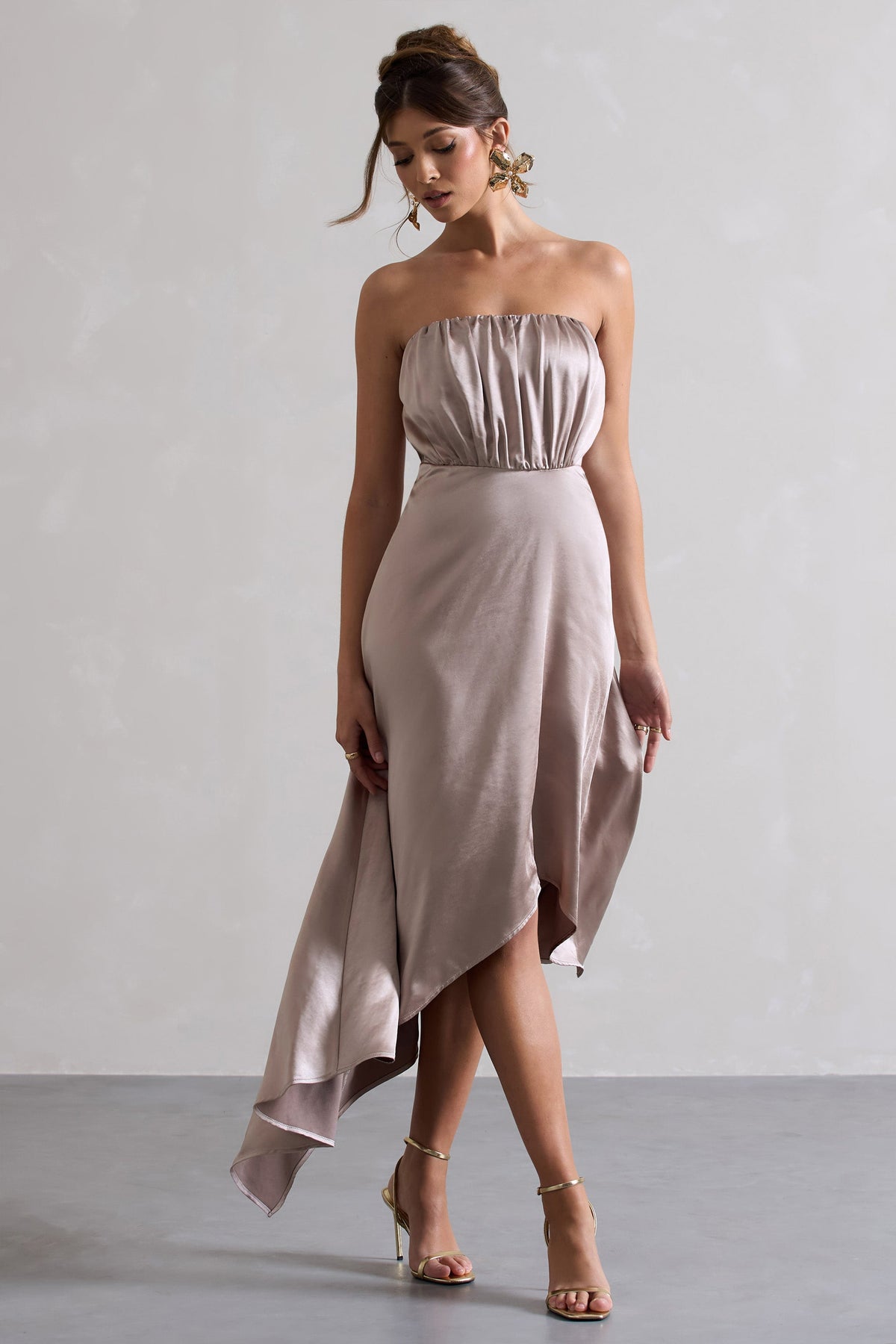 Willa Taupe Satin Bandeau Maxi Dress With Asymmetric Hem Club L London - USA Willa Taupe Satin Bandeau Maxi Dress With Asymmetric Hem Club L London - USA
