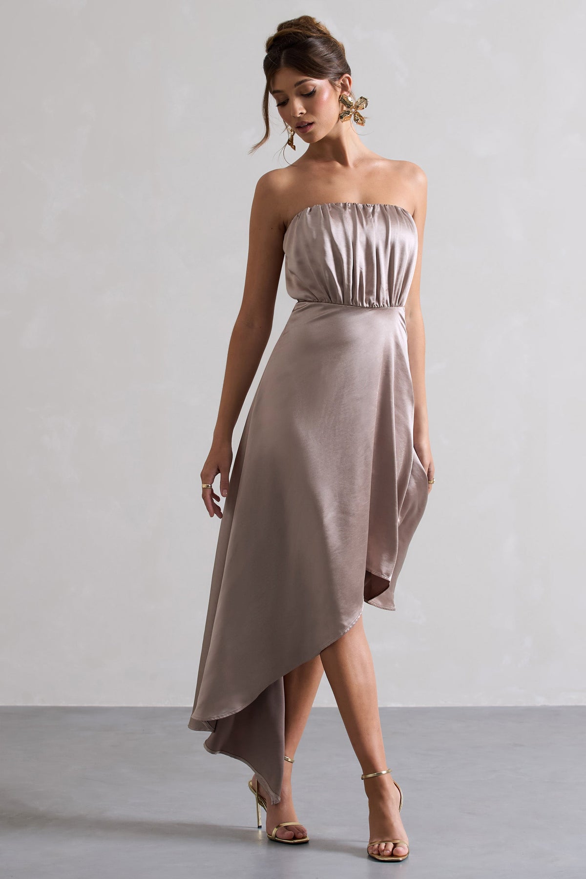 Willa Taupe Satin Bandeau Maxi Dress With Asymmetric Hem Club L London - USA Willa Taupe Satin Bandeau Maxi Dress With Asymmetric Hem Club L London - USA