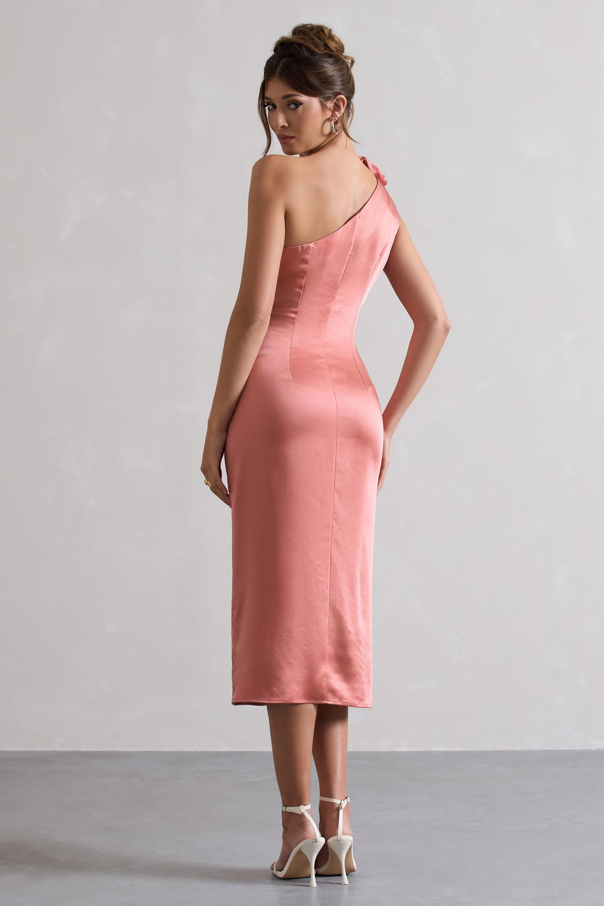 Ascot Coral Satin One Shoulder Midi Dress With Corsage