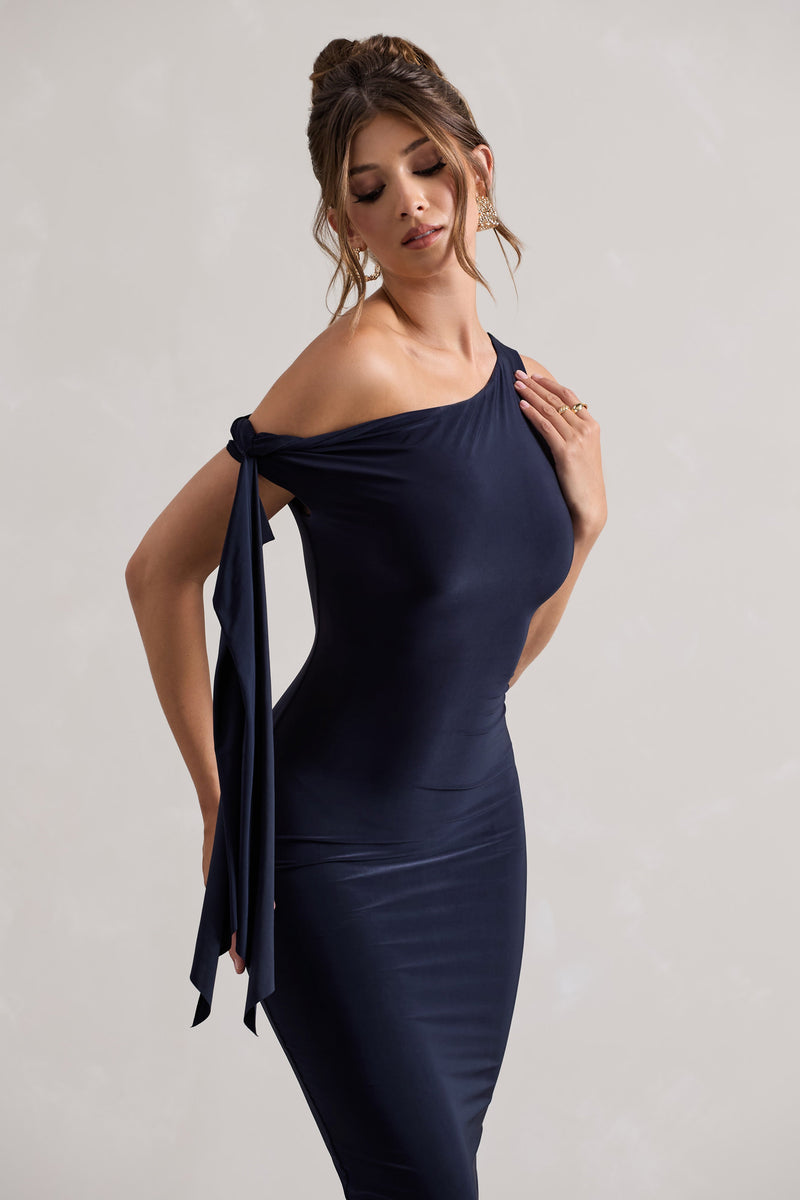 Adapt Navy Asymmetric Midi Dress With Tie Sleeve – Club L London - USA