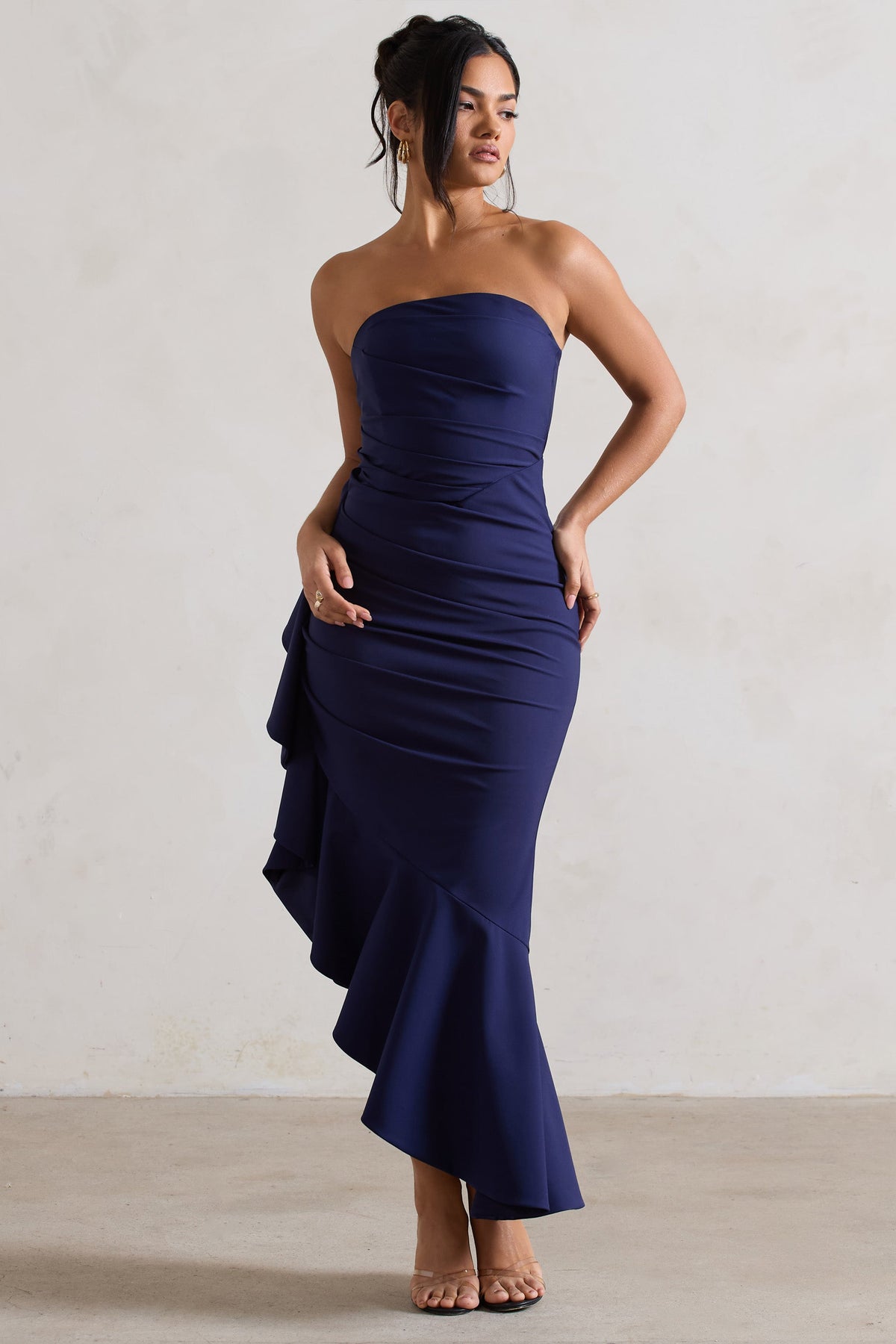 New Age | Navy Strapless Asymmetric Ruffled Maxi Dress