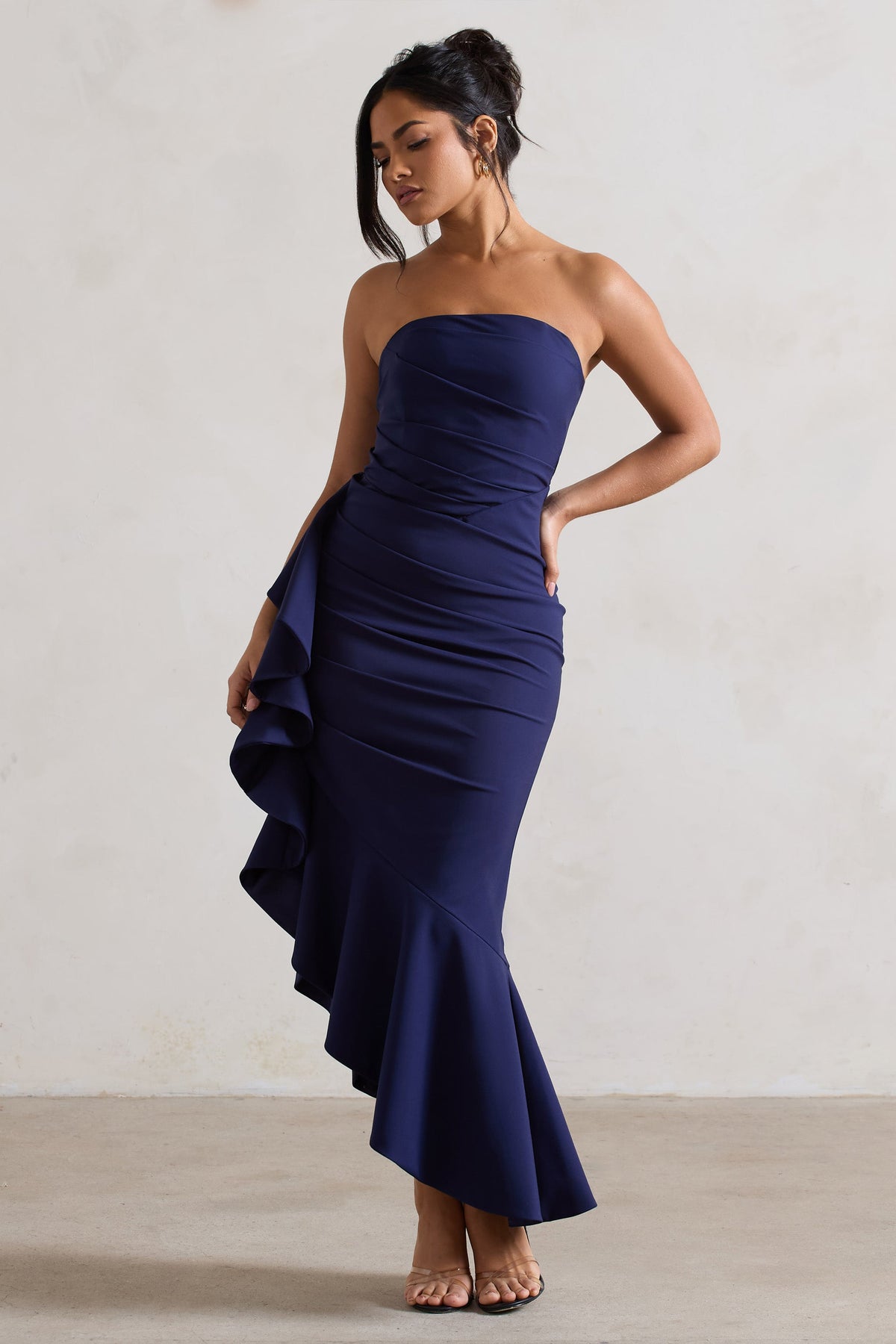 New Age | Navy Strapless Asymmetric Ruffled Maxi Dress