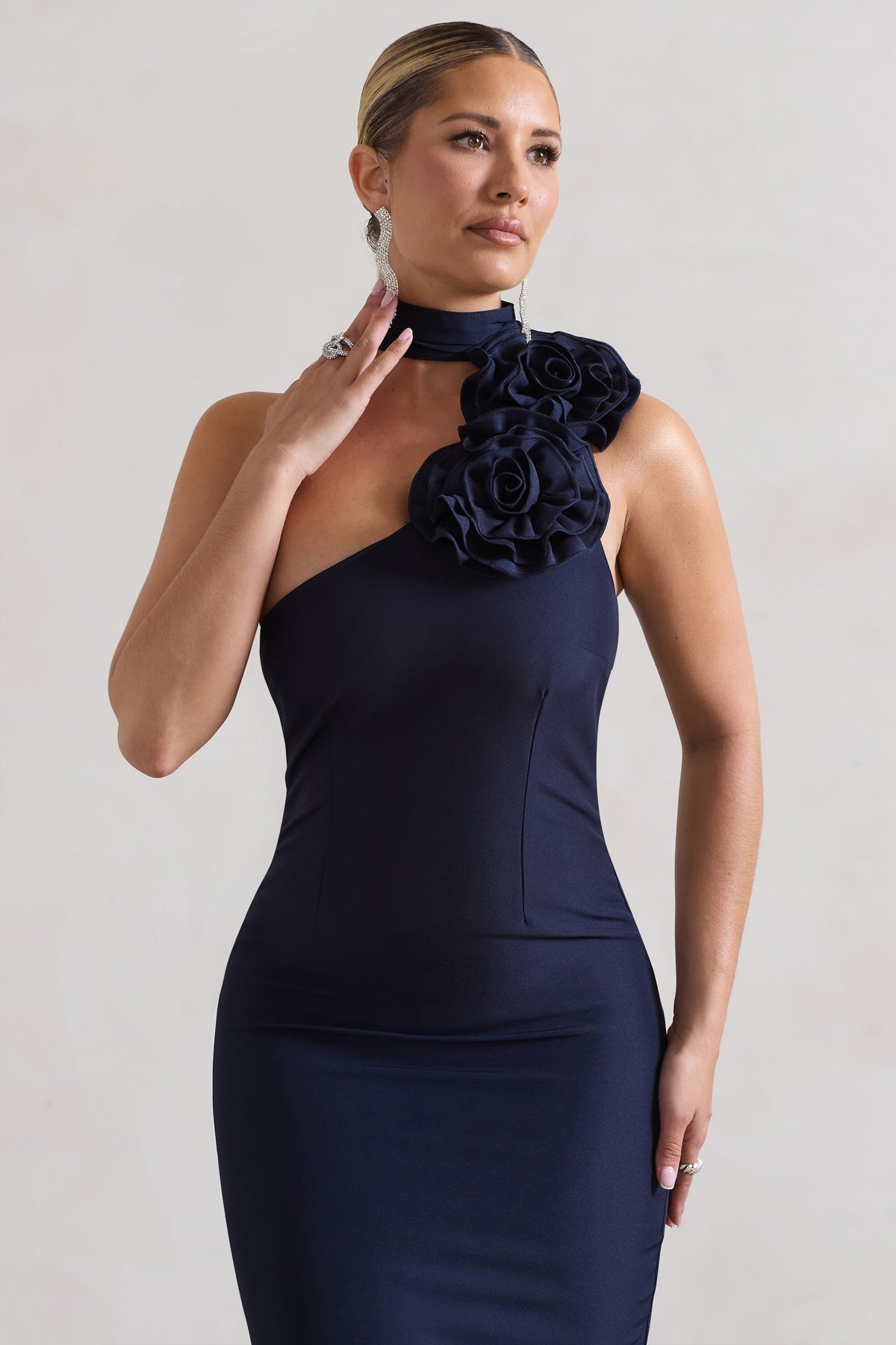 The Soiree Navy Bodycon Midi Dress with Ruffled Choker UK 10 Navy