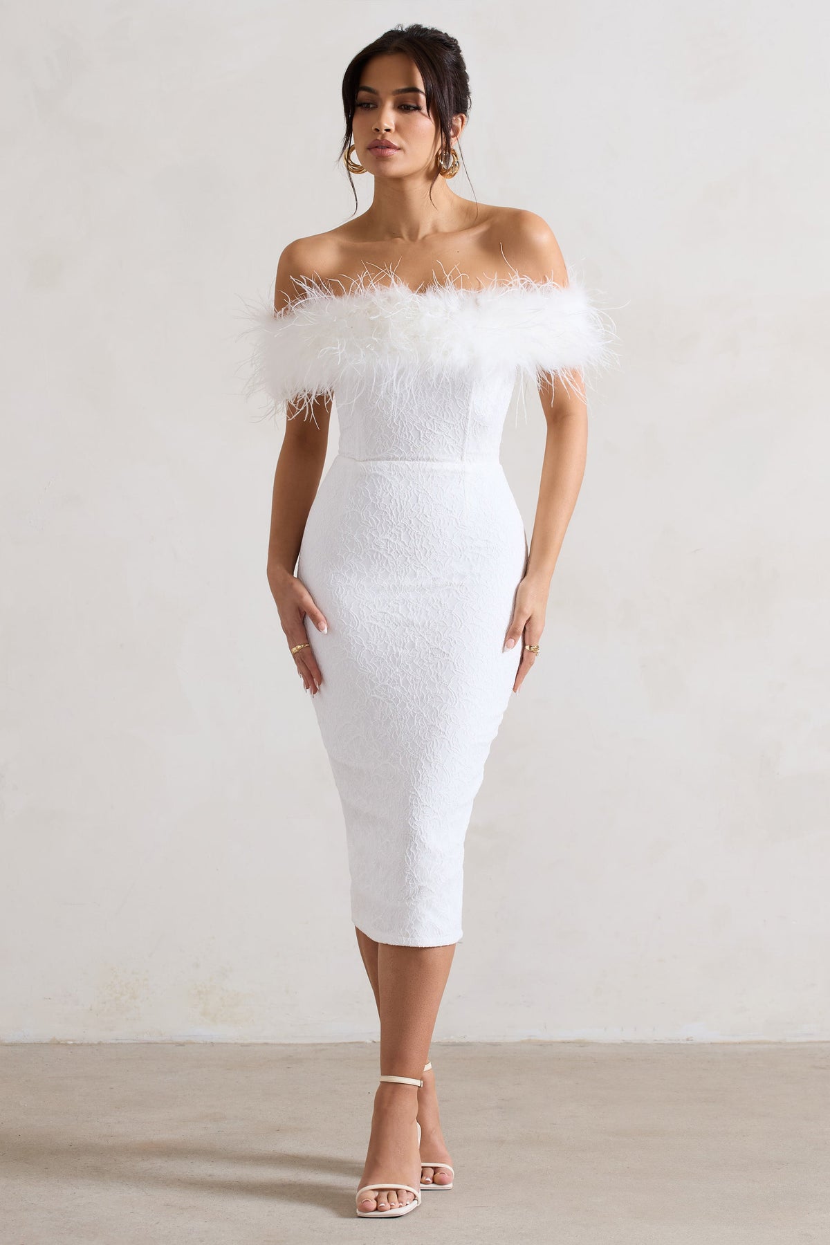 Maiden White Lace Bardot Midi Dress With Feather Trim Club L London - USA Maiden White Lace Bardot Midi Dress With Feather Trim Club L London - USA
