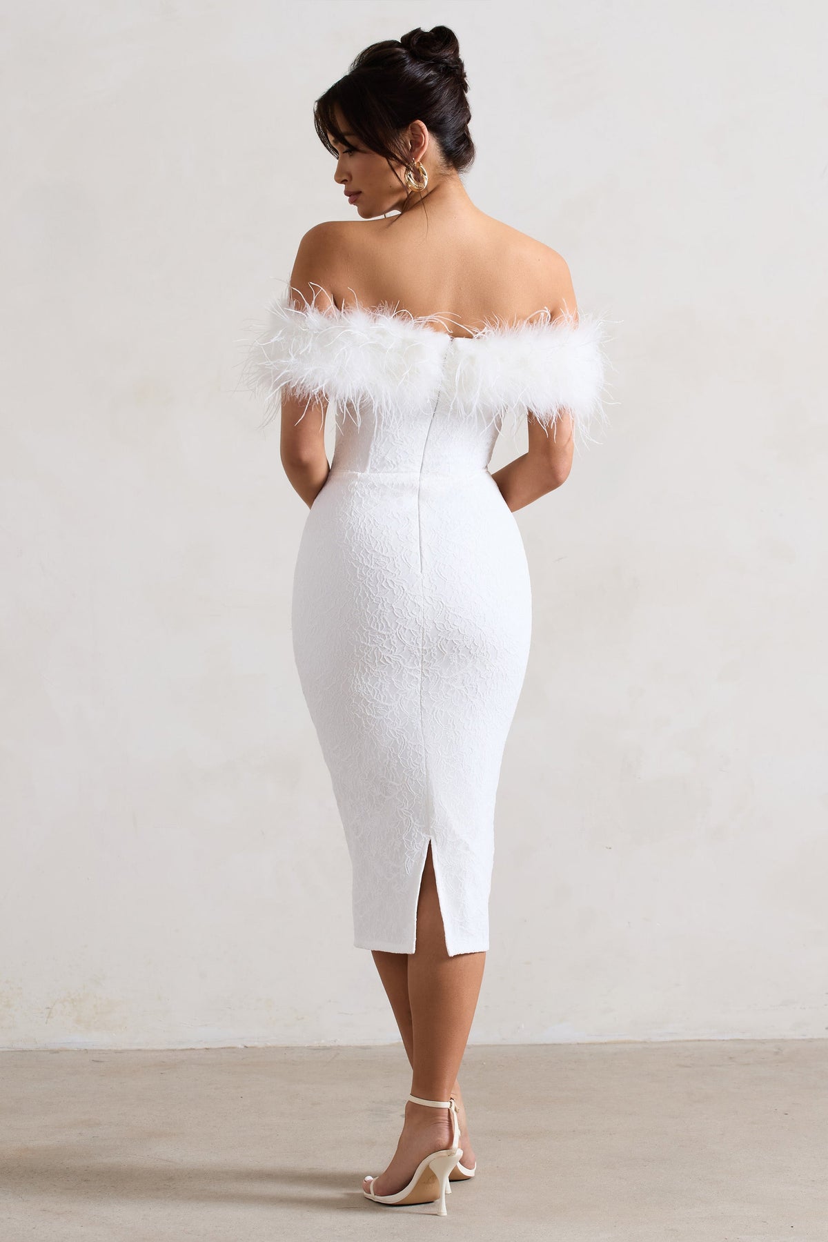 Maiden White Lace Bardot Midi Dress With Feather Trim Club L London - USA Maiden White Lace Bardot Midi Dress With Feather Trim Club L London - USA
