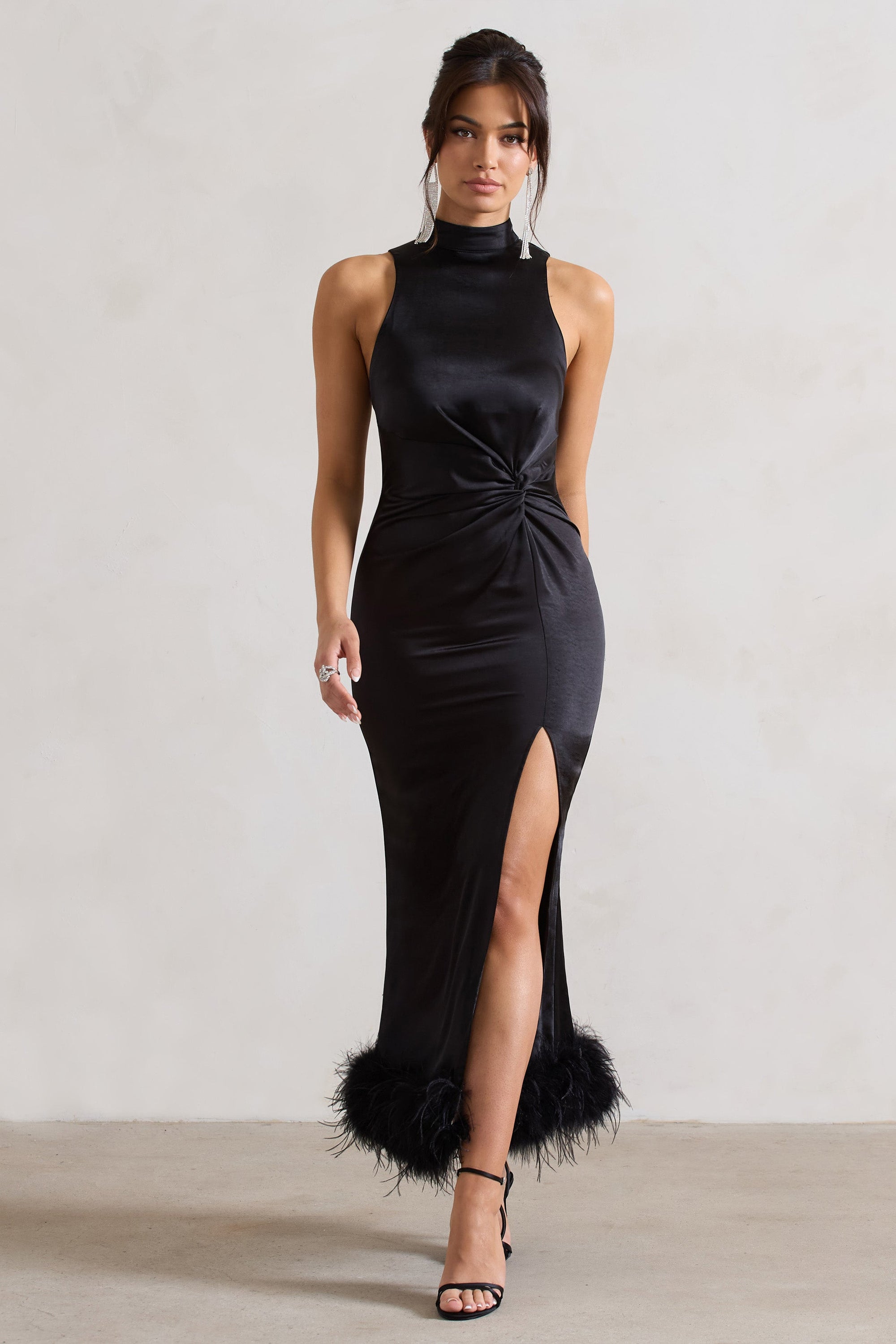 Zoe | Black Satin Twist Split Maxi Dress With Feather Trim - Club L London - USA