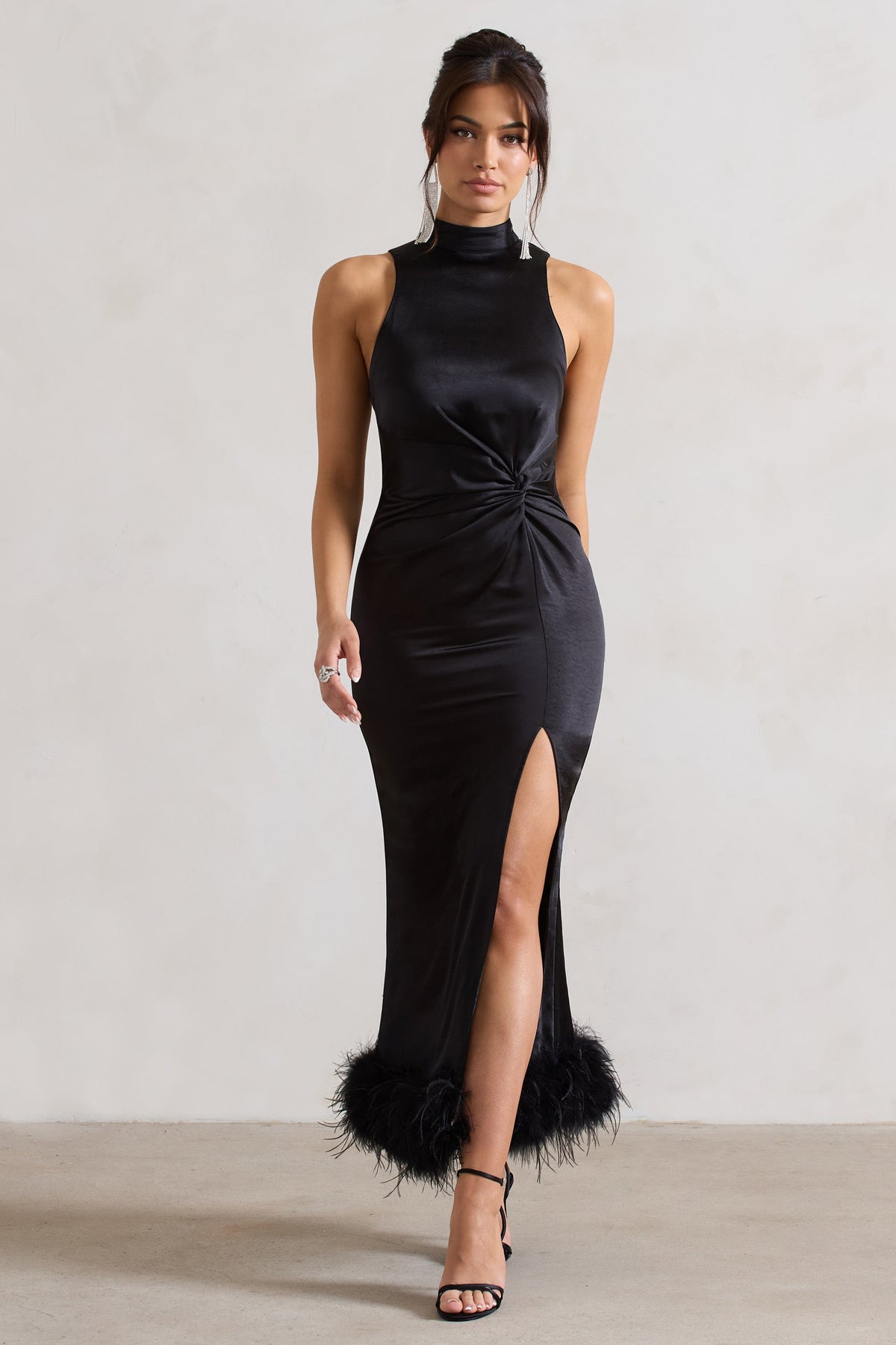 long black satin dress Zoe Black Satin Twist Split Maxi Dress With Feather Trim – Club L London