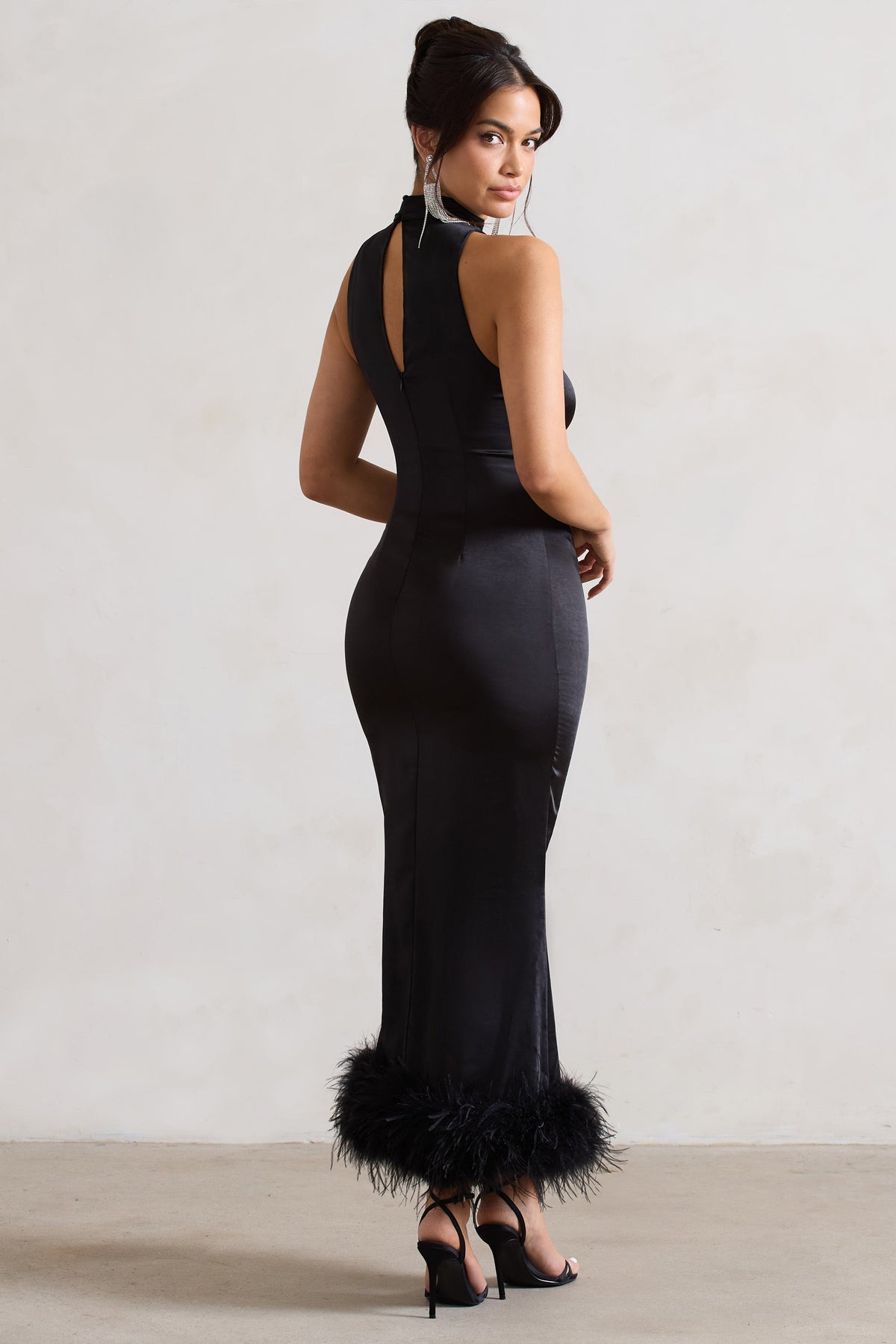 Zoe Black Satin Twist Split Maxi Dress With Feather Trim Club L London - USA Zoe Black Satin Twist Split Maxi Dress With Feather Trim Club L London - USA