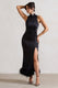 Zoe | Black Satin Twist Split Maxi Dress With Feather Trim - Club L London - USA